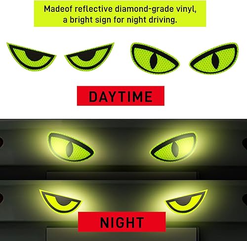 Miniatura 3 de Paquete de 2 calcomanías reflectantes para automóvil, diseño de ojo amarillo nocturno, seguridad nocturna, calcomanías de precaución para casco de