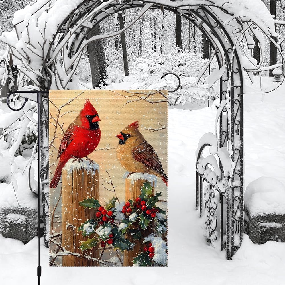Winter Scene Garden Flag Double Sided Burlap Vibrant Red and Brown Cardinals Snowy Decorative Outdoor Yard Banner 12x18 Inch - Image 2