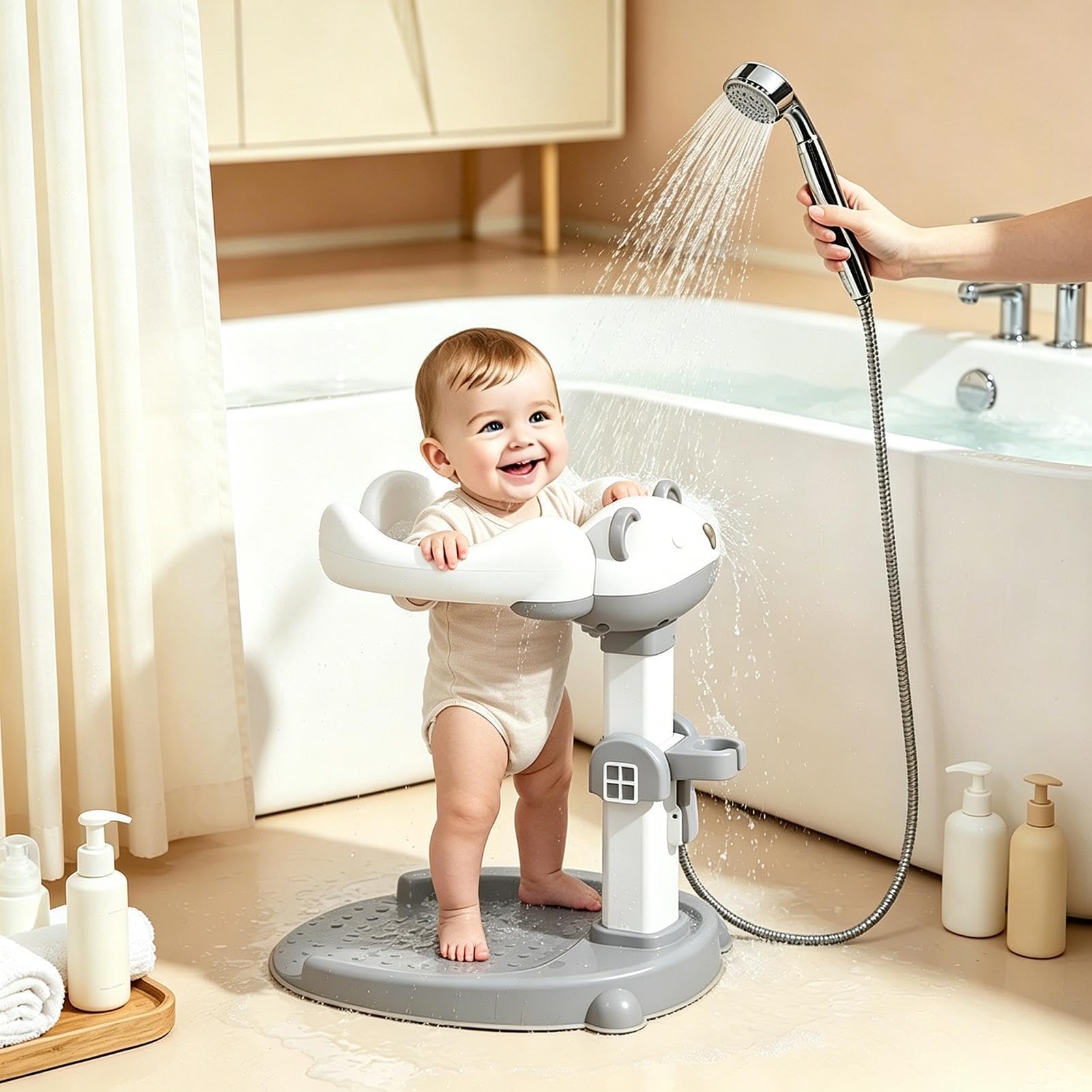 Soporte de Ducha para Niños Dos En Asiento Desmontable Con Altura Ajustable | Baño de Pie y Sentado para Niños de 8 a 36 Meses Baño Bañera Dormitorio Hotel Vestidor