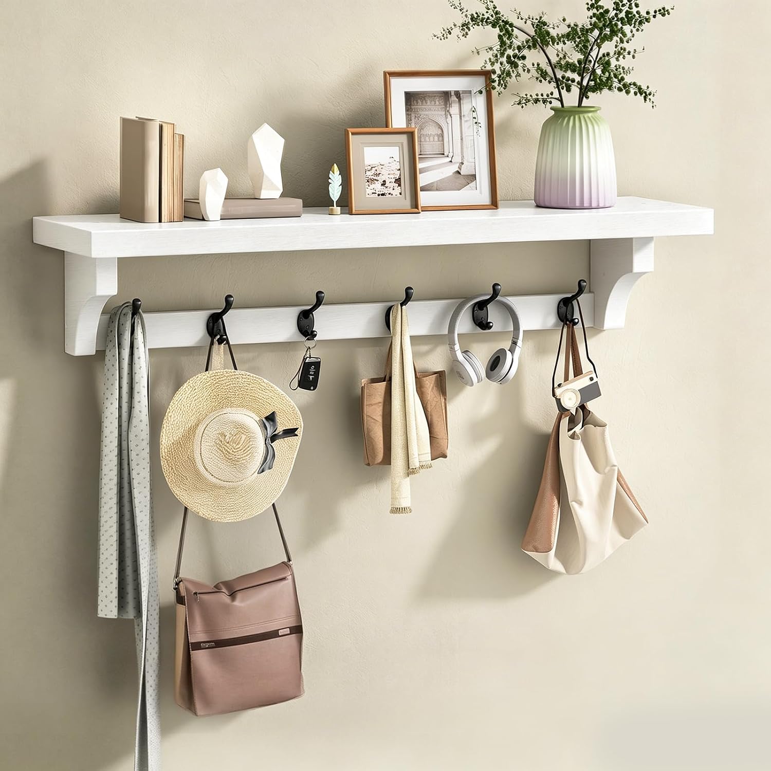 RALGEND 29" Long Coat Rack Wall Mount Shelf, Entryway Wall Shelf with 6 Metal Hooks, Coat Hangers for Living Room, Modern Wooden Floating Shelves for Bathroom, Bedroom, Kitchen, White 7401BJR1WT