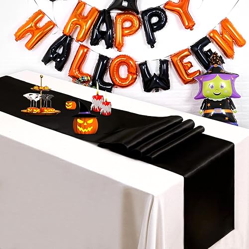 Miniatura 2 de Paquete de 5 caminos de mesa negros de 12 x 108 pulgadas de largo, suave seda satinada, camino de mesa negro para fiesta de Año Nuevo, Halloween,