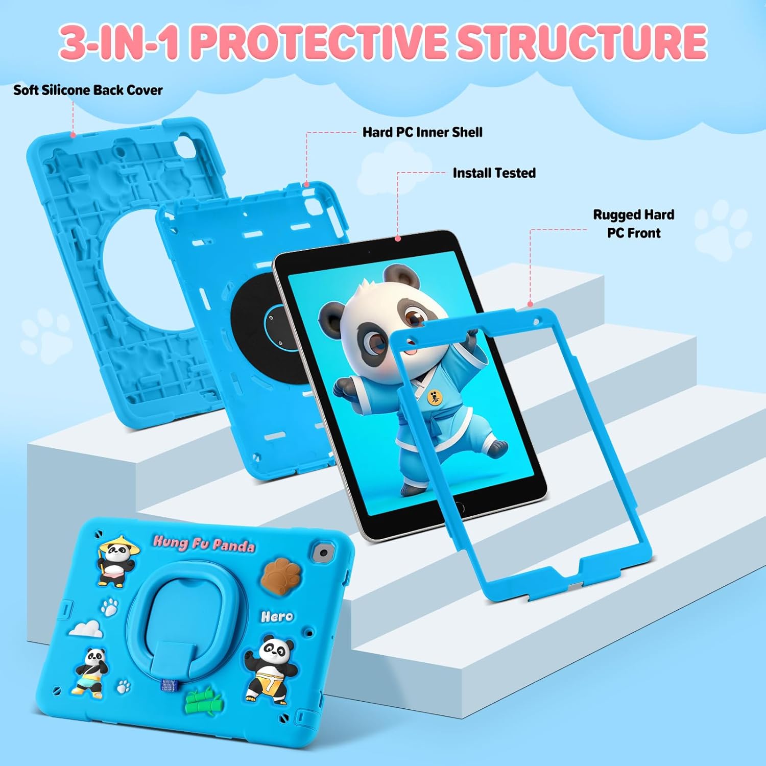 Case for iPad 9th/8th/7th Generation, iPad 10.2 Inch 2021/2020/2019, Funny Cartoon Silicone 3D Panda Design Kids Case Heavy Duty Protection with Stand/Pencil Holder/Shoulder Strap (Blue)