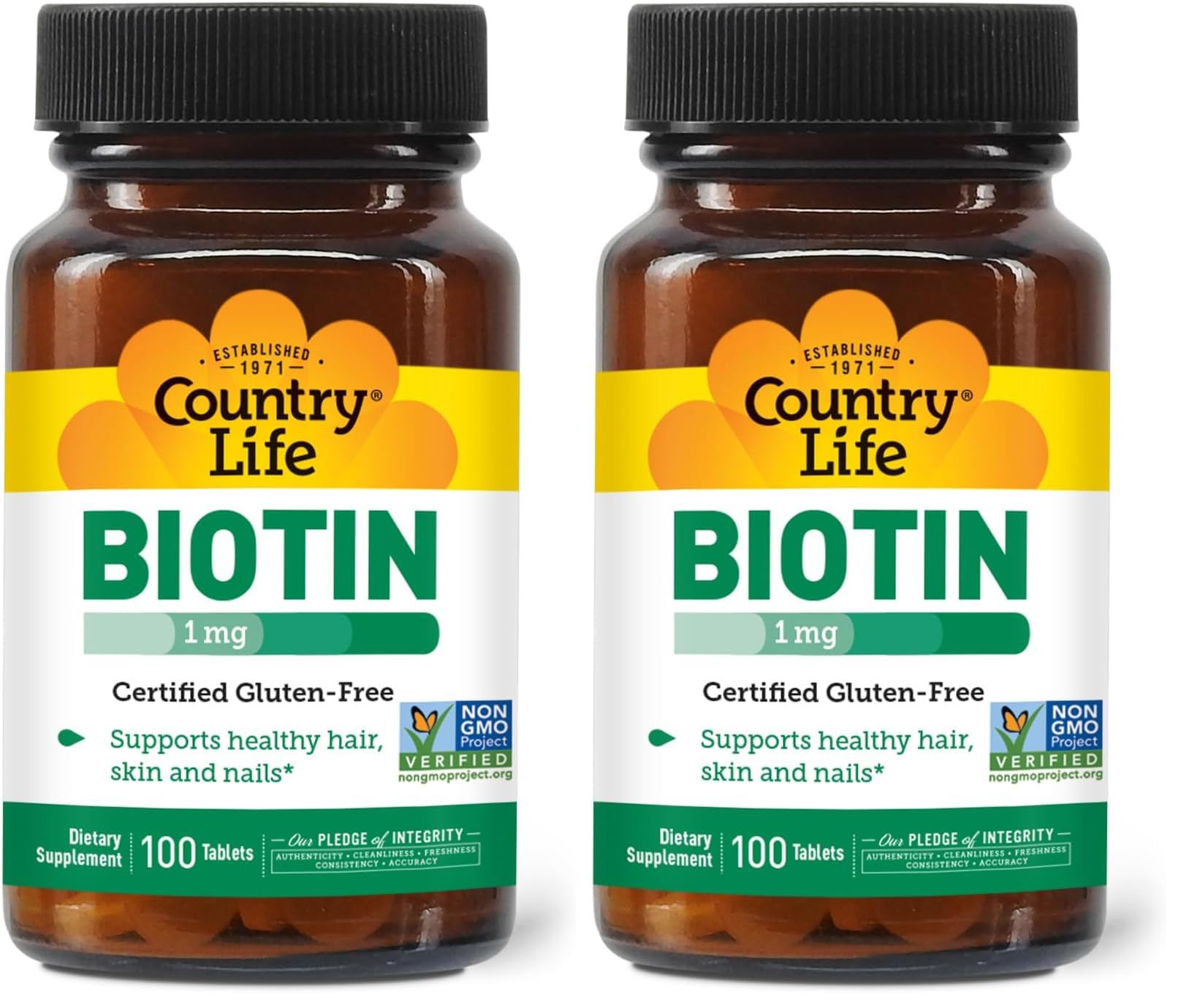Country Life Biotin 1mg Supports Healthy Hair, Skin & Nails, 100 Tablets, Certified Gluten Free, Certified Vegan, Certified Halal, Non-GMO Verified (Pack of 2) 100 Count (Pack of 2)