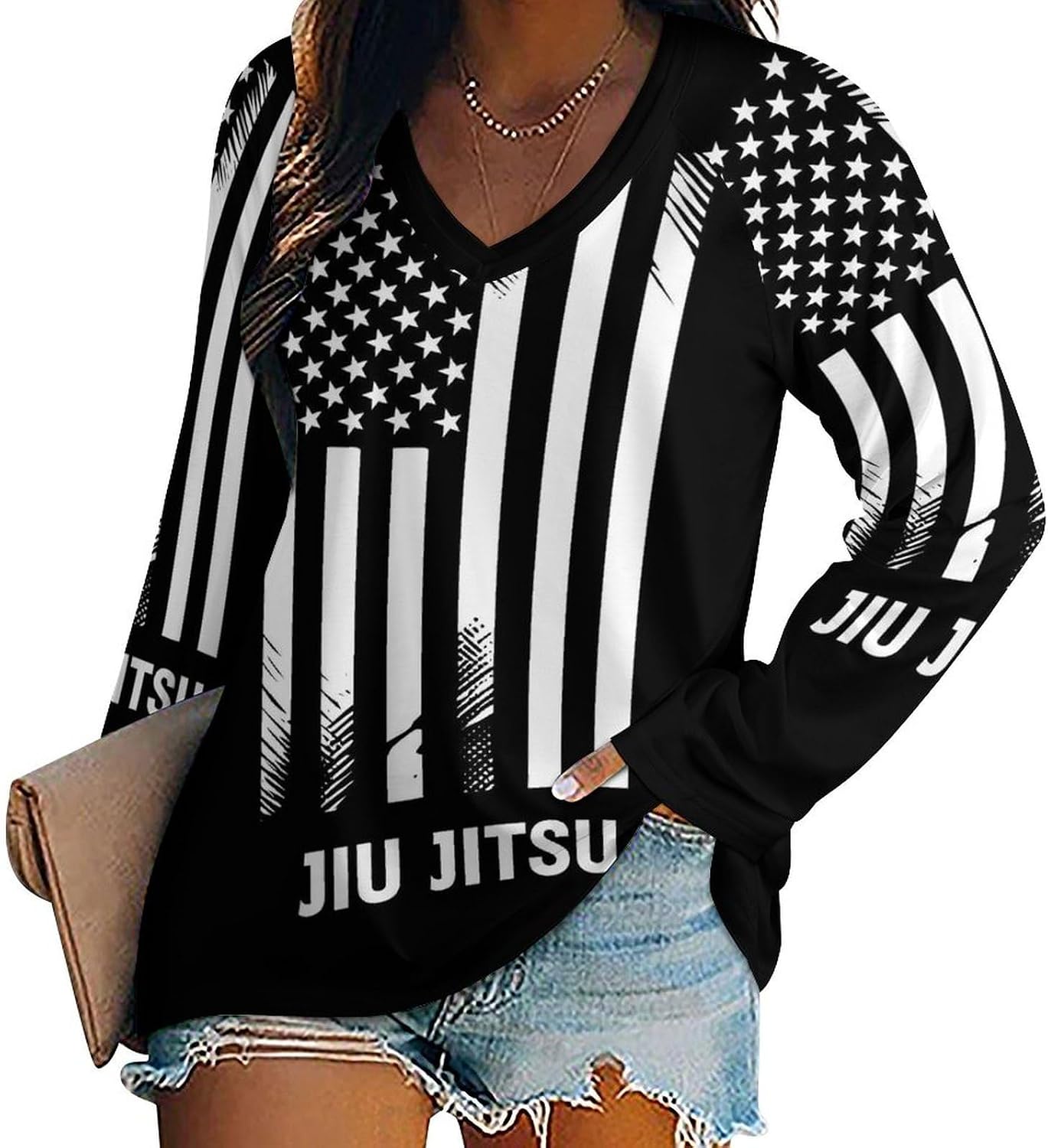 Brazilian Jiu Jitsu U.S. Flag Women Shirts Long Sleeve Tees Tops | Loose,V-neck,Casual,Sweatshirt,T Shirts,Fashion Clothing,Outfits
