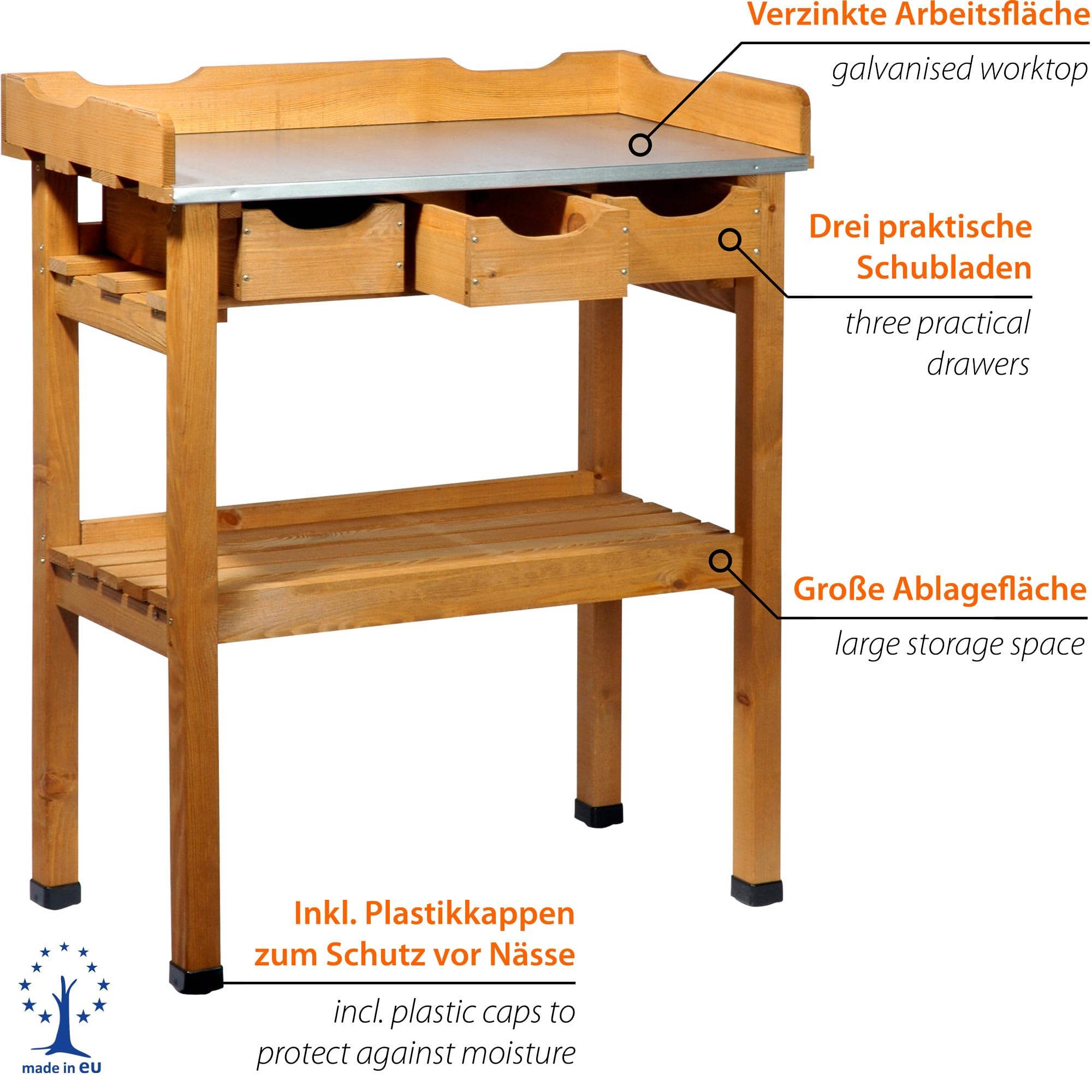 Dobar 29030e table de jardinage pratique avec 3 tiroirs et 2 tablettes de rangement en pin imprégné, 80 x 40 x 90 cm