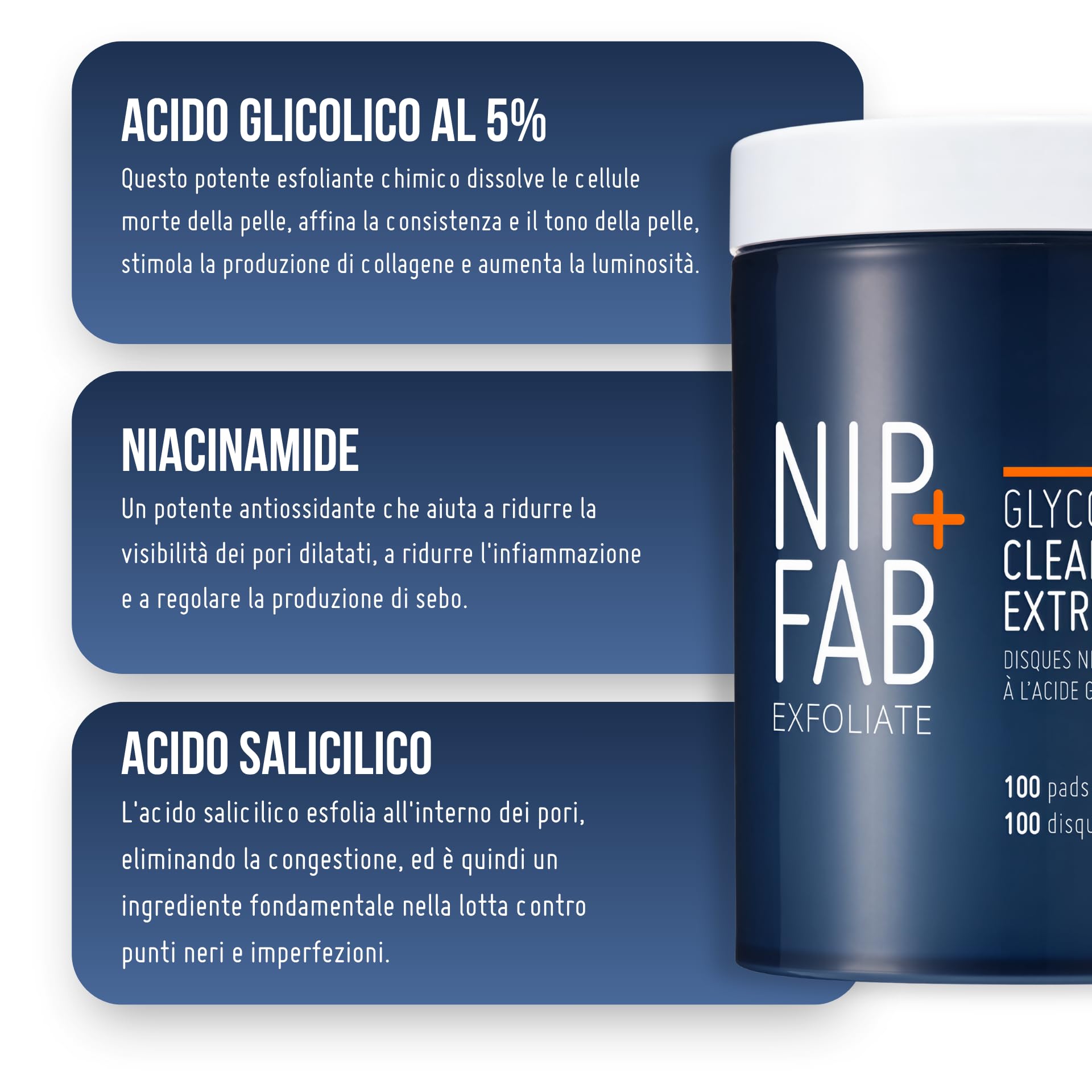 Nip + Fab Glycolic Fix Pads Notte Extreme XXL (100 Pezzi) – Pads Esfolianti con 5% Acido Glicolico e Salicilico – Peeling AHA/BHA per Rinnovare Pelle con Imperfezioni e Texture Irregolare