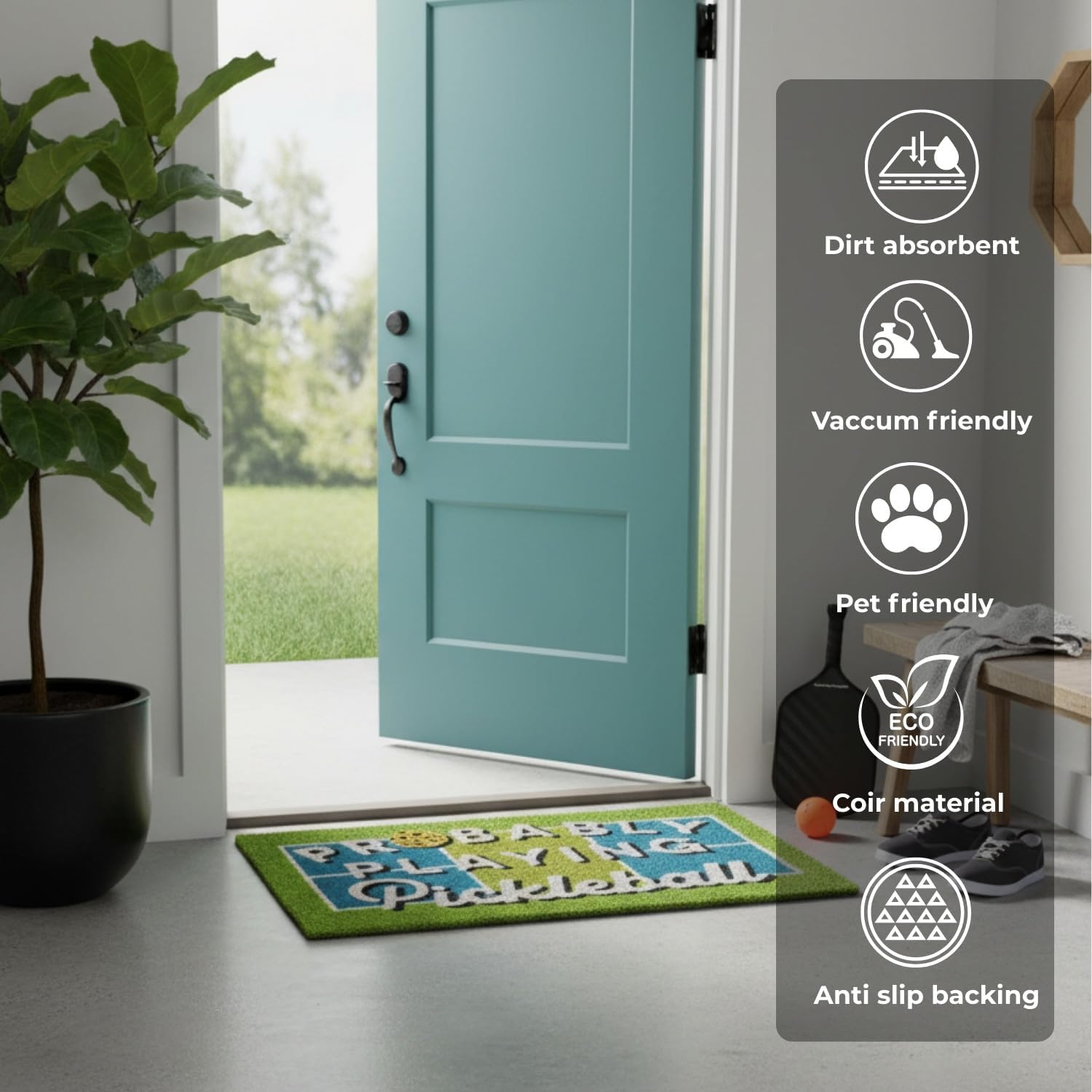 Playing Pickleball Doormat-18x30 L-Eco Friendly Coco Coir Fiber, Durable Anti-Slip Backing Rug, Welcome Indoor Outdoor Doormat for Front Door, Porch, Garage, or Mudroom