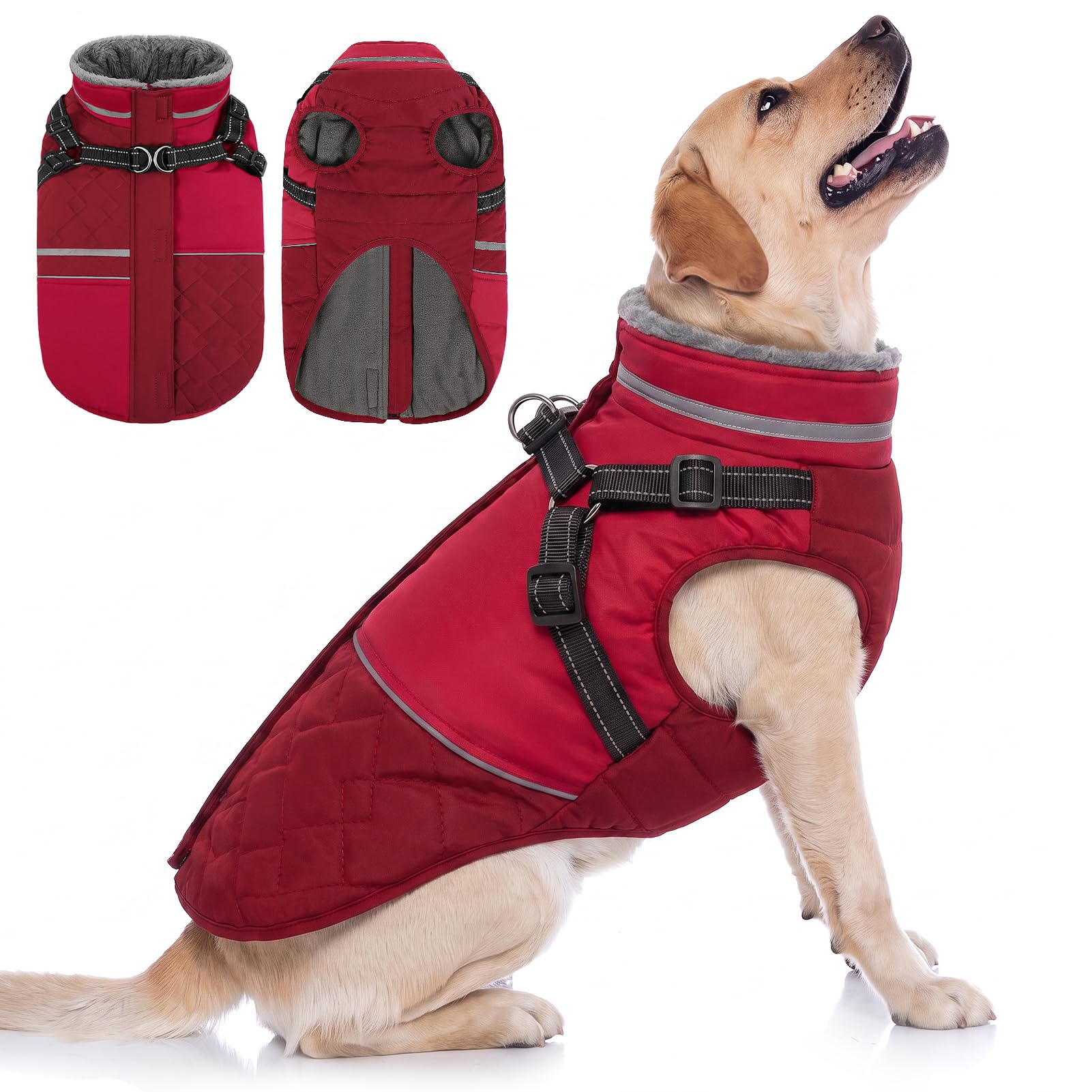 Queenmore Dog Coats Waterproof With Harness, Zip-Up Closure, Red, XL