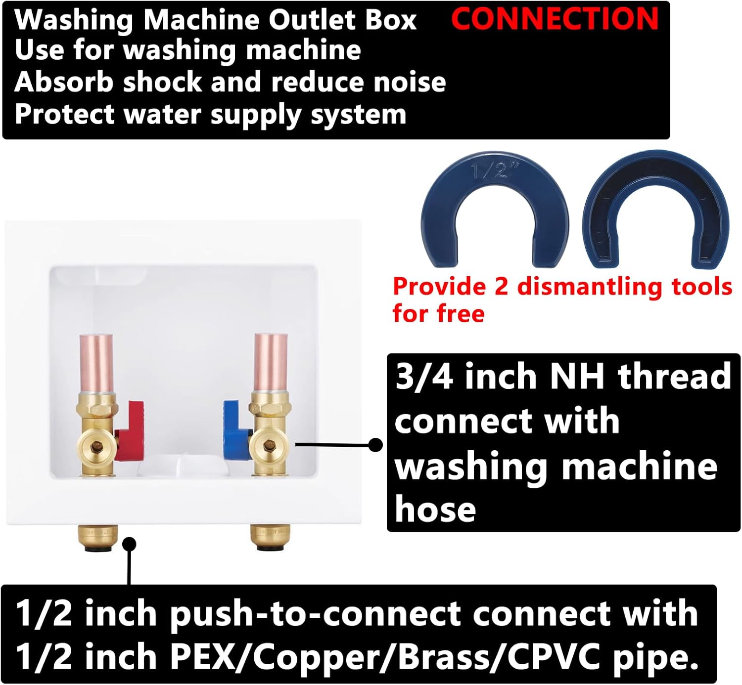 Washing Machine Outlet Box Push to Connect with Copper Hammer Arrestors, Inlet 1/2 inch Push to Connect x Outlet 3/4 inch NH Thread LI-XYJH-650(1 PCS)