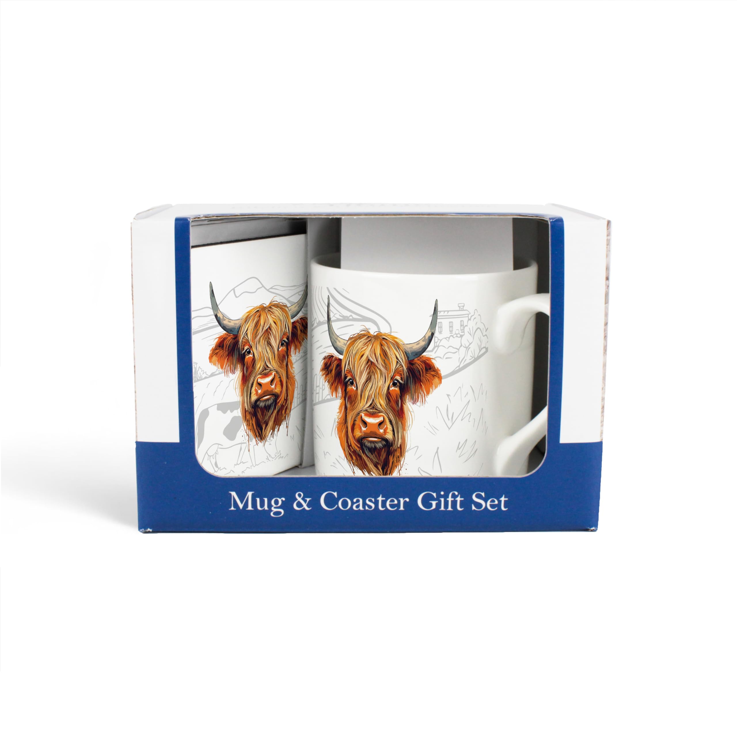 Mug & Coaster Gift Set - Country Farm Highland Cow Bone China Mug and Cork Coaster Set - Tea/Coffee Present