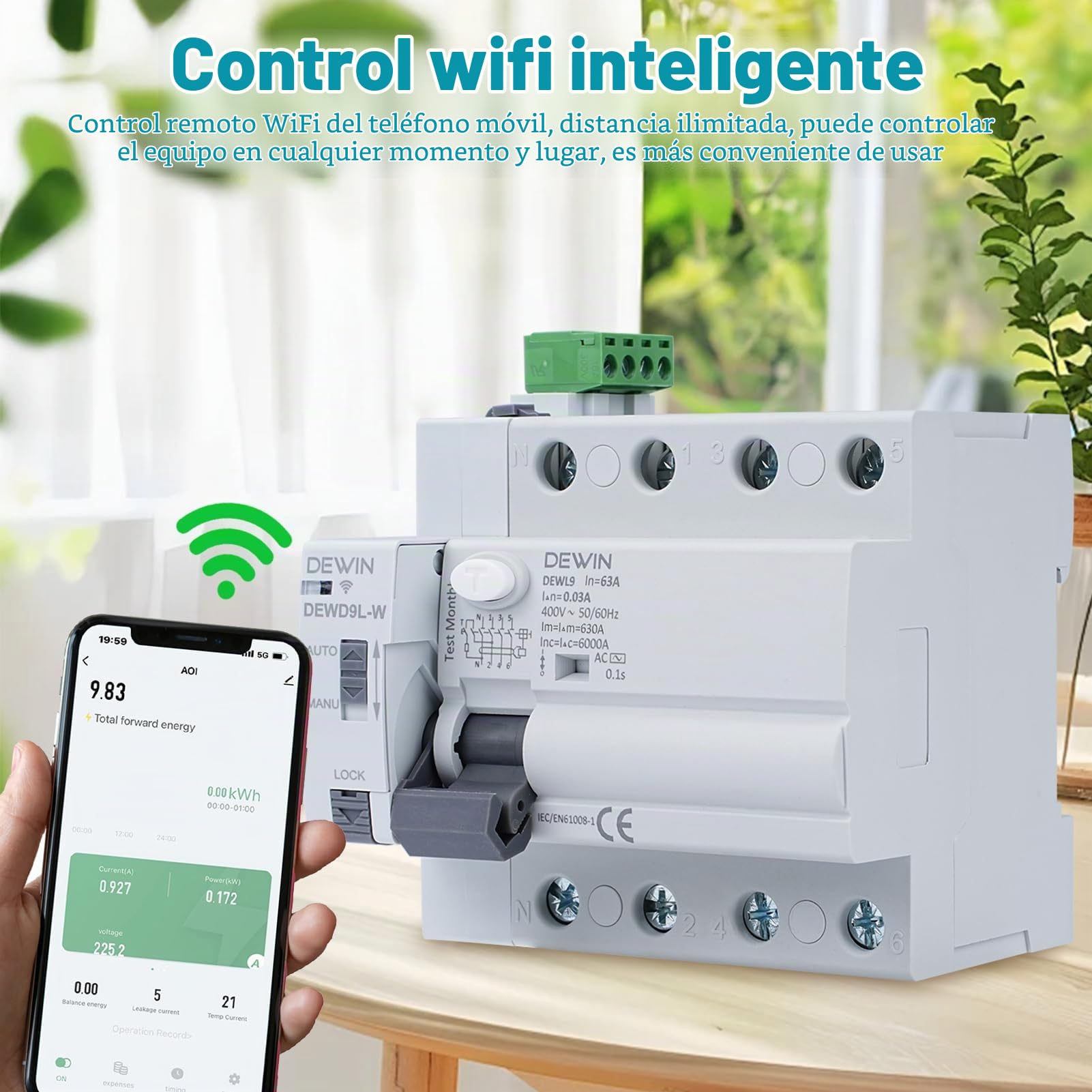 DEWIN Diferencial Rearmable WiFi, 4P 63A 30mA 400V Interruptor Diferencial Rearme RCCB Diferencial Rearmable DEWD9L-W