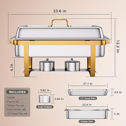 Miniatura 8 de Paquete de 4 platos dorados para bufé, sartén de acero inoxidable 188 (304) con tapa, juego de bufé apilable de 9 cuartos de galón, calentadores de