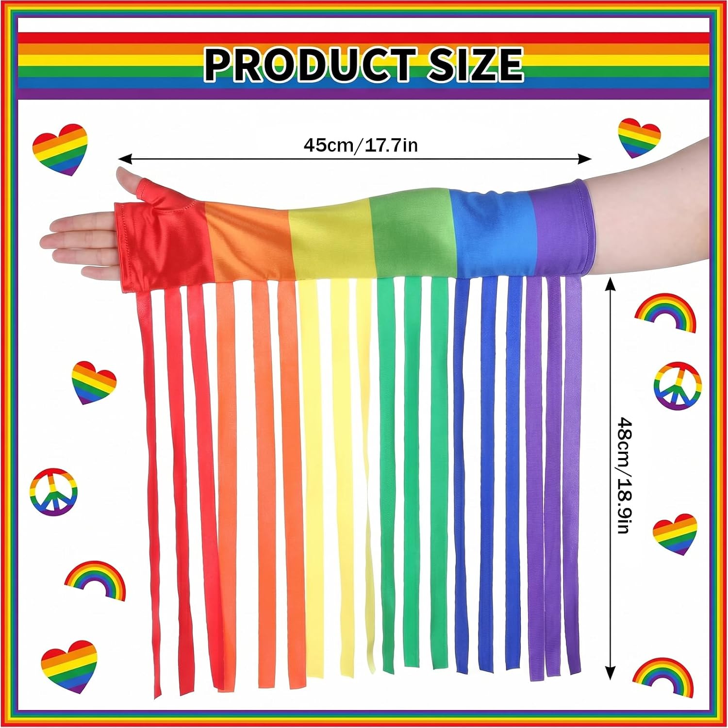 Rainbow Fringe Arm Warmers – Stretchy One Size for Pride | soft stretchy fabric fits most arms, perfect for Pride parade, rave, Halloween, Christmas cosplay & LGBTQ+ party