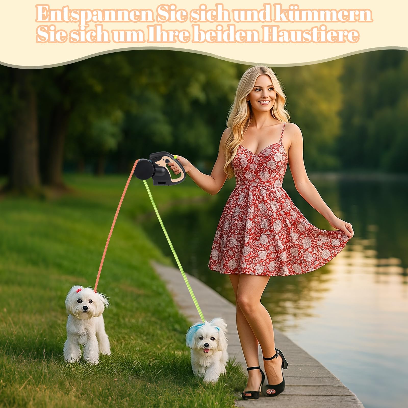 Doppelleine für 2 Hunde, 3 m Ausziehbare Anti-Verwickel-Hundeleine mit 360° Drehung, Rutschfestem Griff, Integrierter Taschenlampe & Kotbeutelhalter, Für Kleine Hunde bis 10 kg