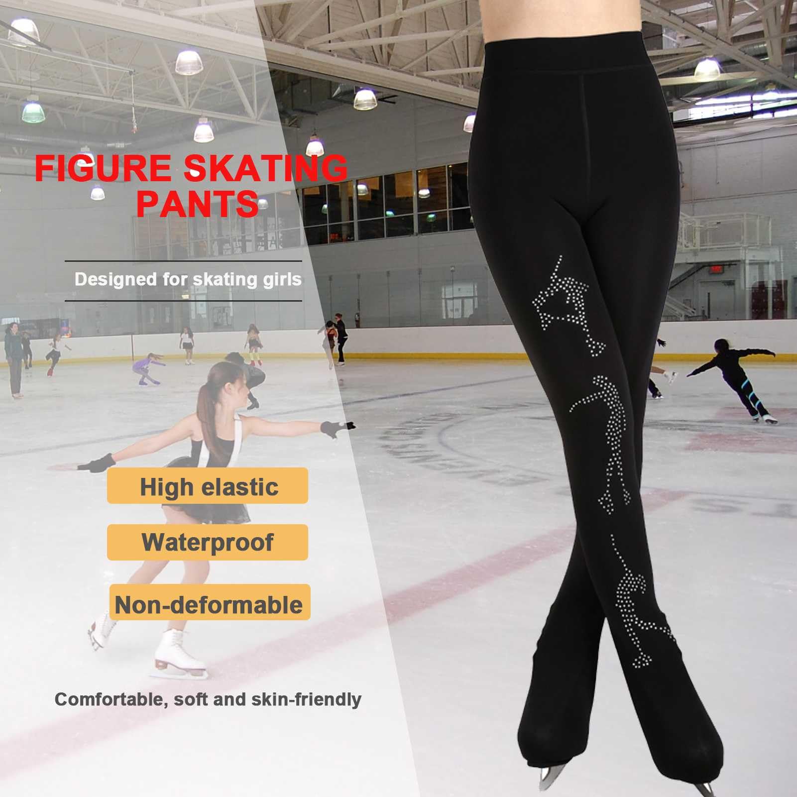 Pantalon de Patinage Artistique Brillants pour Enfant et Adulte, Legging Collants avec Doublure Polaire, avec Double Boucles et Cristal Scintillant