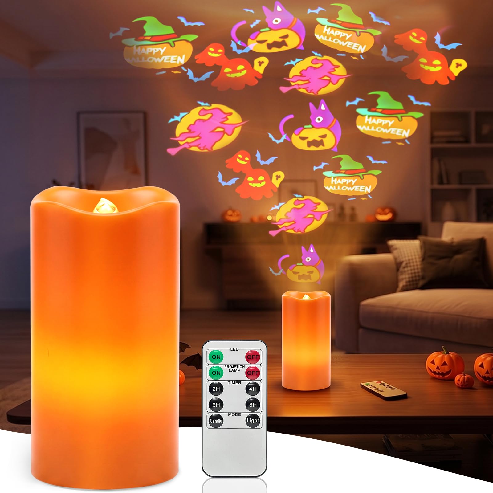 Flameless Candle Heart Projector Light,Valentines Day Decorations Candles Lamp with Romantic Red Heart Projector Lights, LED Candle with Remote and Timer for Girl Women Mom (Orange-Hallowmas)