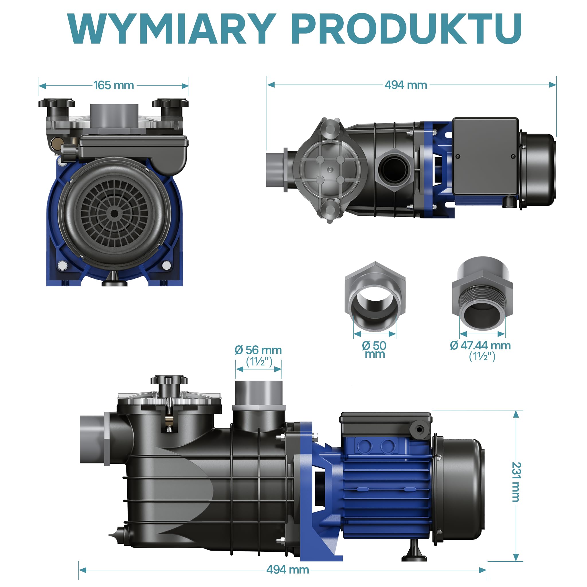 WilTec Pompa basenowa 10800 l/h, 180 W cicha pompa filtrująca i cyrkulacyjna, skuteczna pompa wodna do basenu, trwała i antykorozyjna konstrukcja
