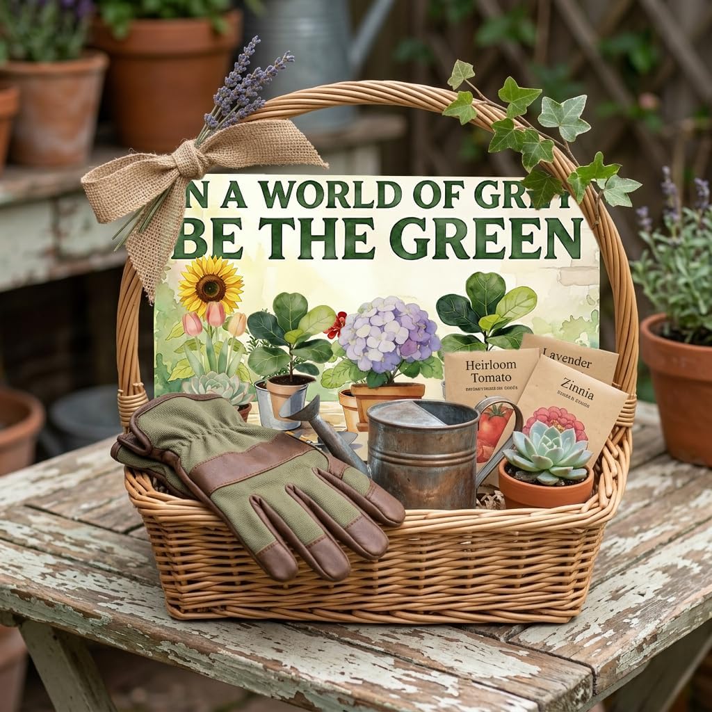 Vintage Metal Sign - "IN A WORLD OF GREY BE THE GREEN" Gardening Theme Wall Decor, Watercolor Potted Plants & Tool Artwork, Tin Sign with Pre-drilled Holes for Hanging, Ideal for Garden, Patio, Shed, 12 x 8 Inches image 5