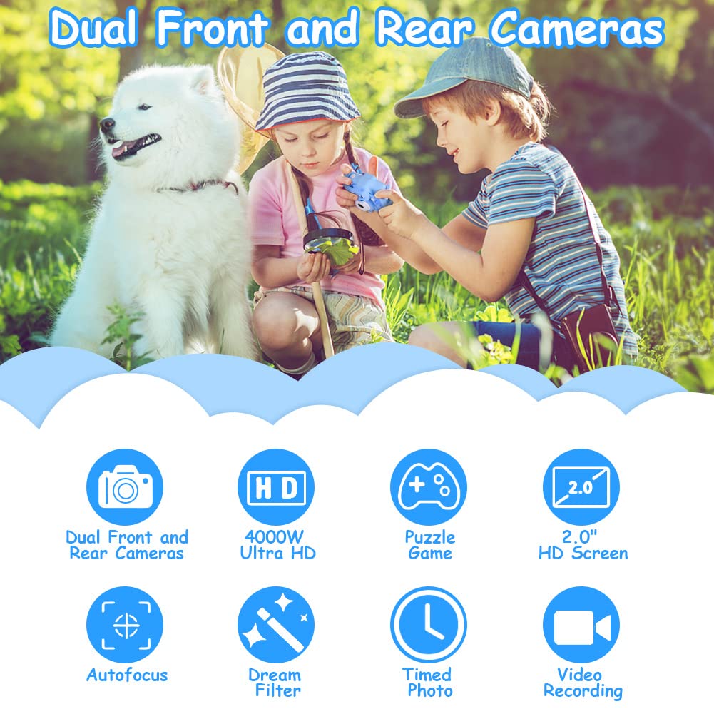 OSDUE Aparat dla dzieci,2.0-calowy wyświetlacz Aparat cyfrowy dla dzieci,1080P HD Wbudowana karta SD 32 GB Selfie Cyfrowy aparat fotograficzny,prezent urodzinowy na lata Zabawka dla dzieci (niebieska)