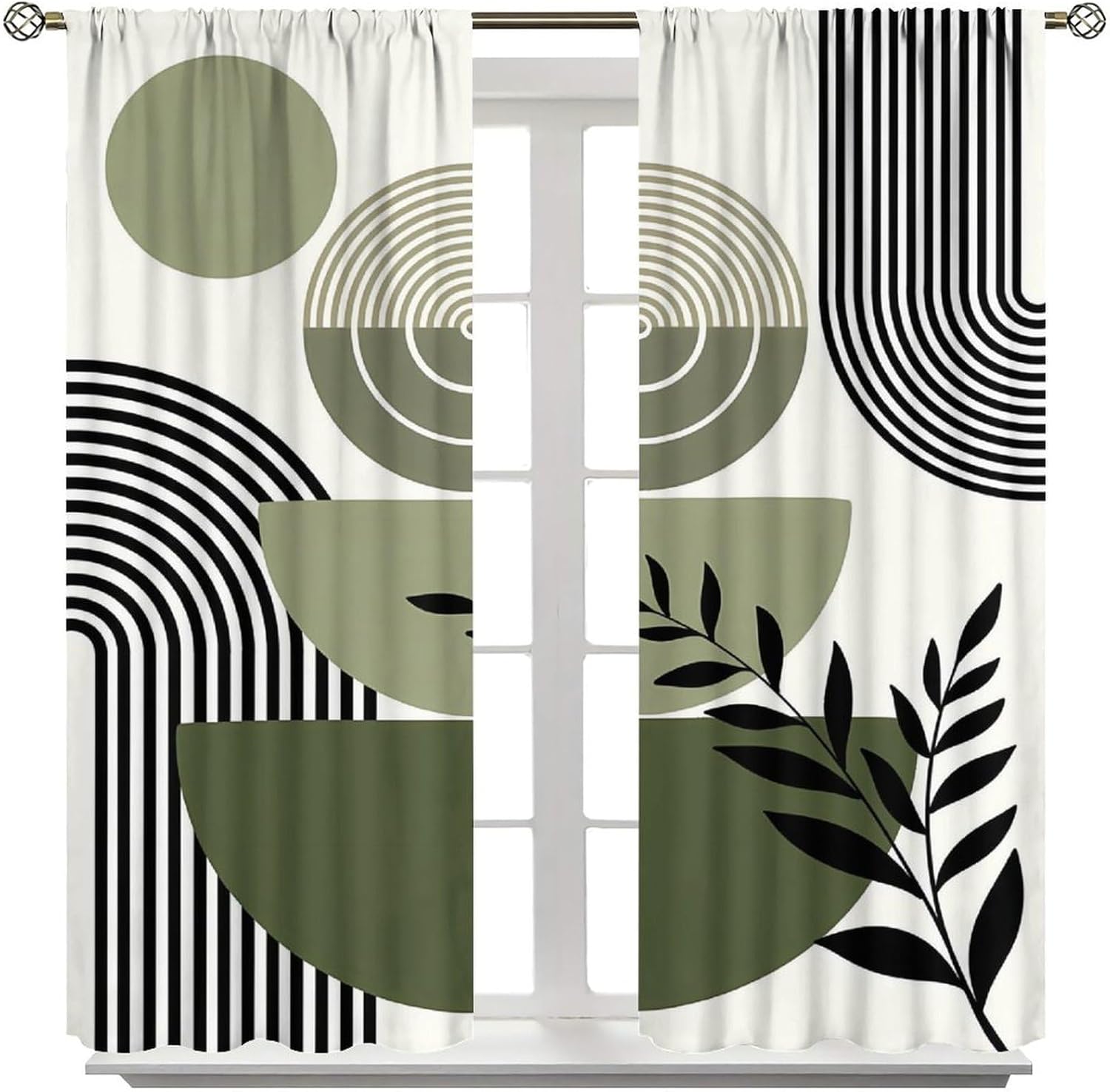 Green Mid Century Boho Curtains,Abstract Leaves Arch Moon Phase Sun Geometric Modern Simple Pattern Blackout Rod Pocket Window Treatmen for Bedroom Living Room Kitchen Drapes 42" W X 45" L