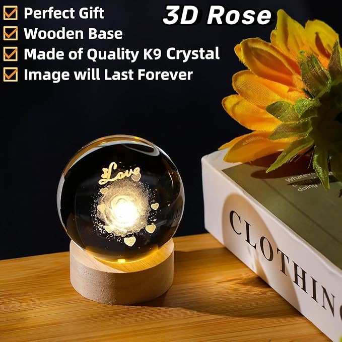 Arikyrist 3D Rose Crystal Ball Gift for Girlfriend, Laser Engraved Rose Flower Glass Sphere Home Decor, Crystal Ball Night Light with Wooden Light Base photo 3