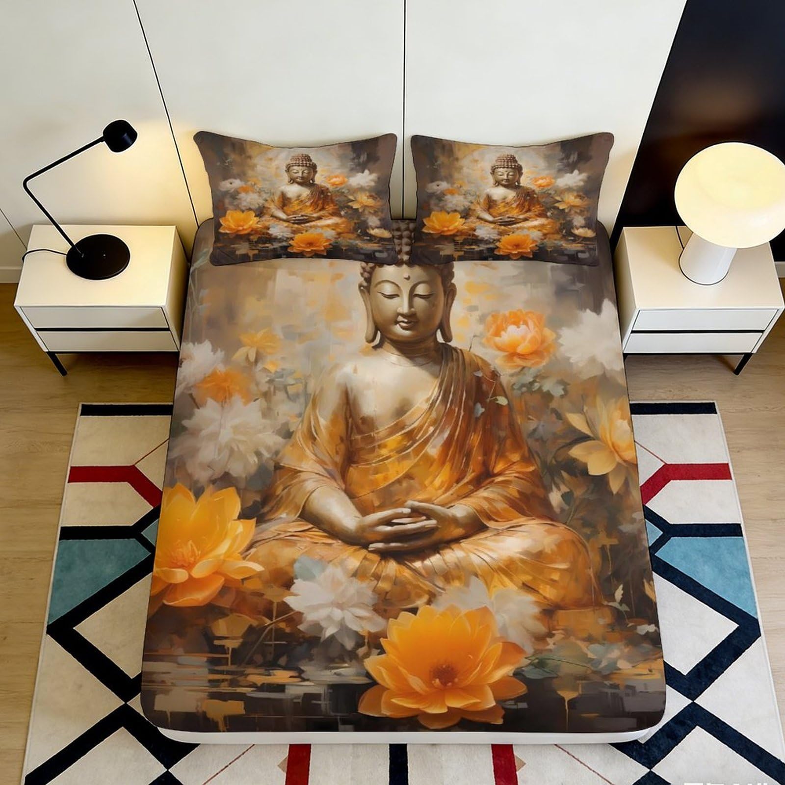 Jqzkxnhpbr Style-9 3D Printed Buddha Lotus Fitted Sheet Microfiber Orange Zen Mattress Cover Non Slip Bedroom Decor Washable 90X200x25cm