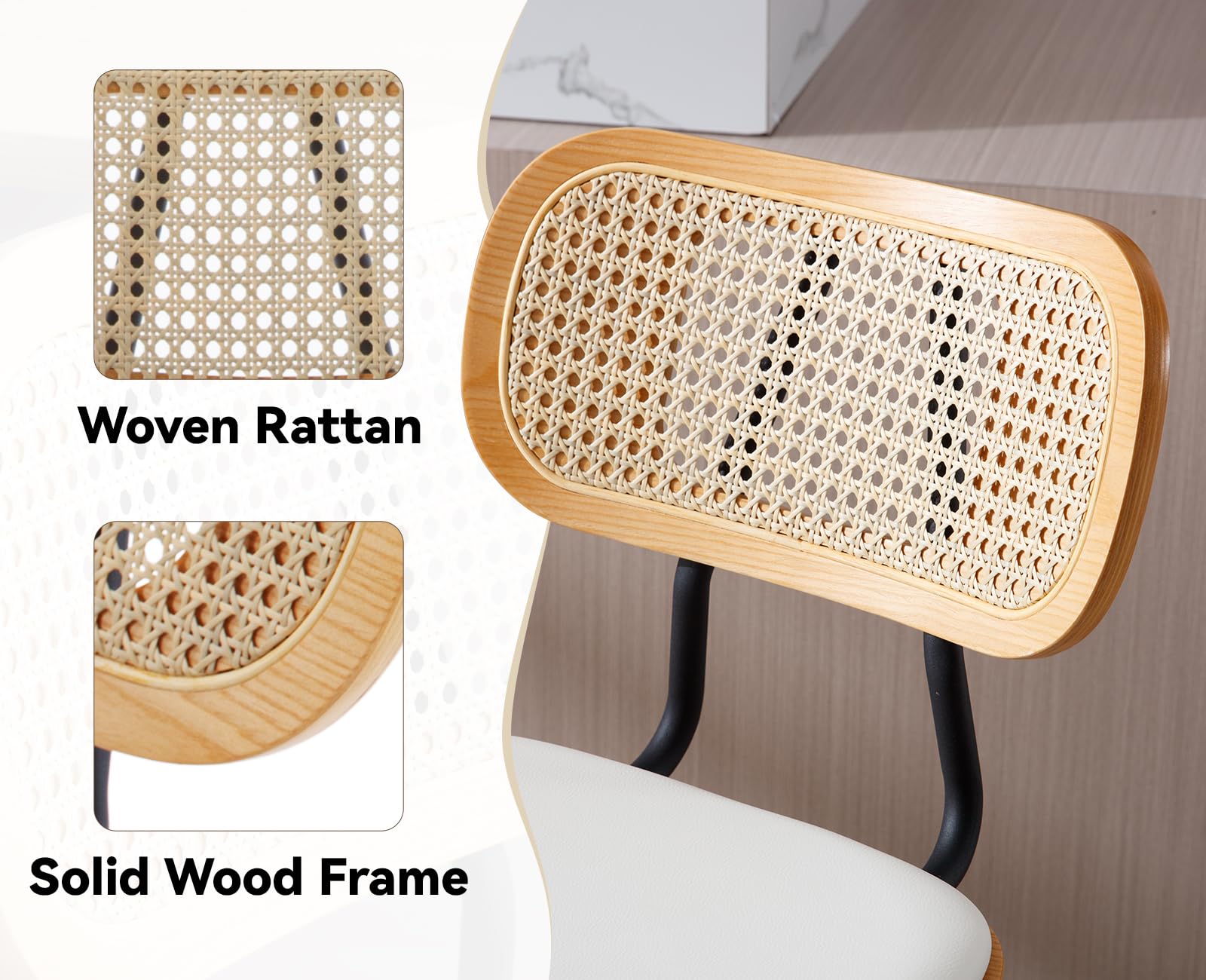 chairus Juego 2 de Taburetes Bar con Asiento de Polipiel Sillas Barra con Respaldo Ratán, Taburetes Bistró Modernos con Patas de Metal para Isla de Cocina, Blanco