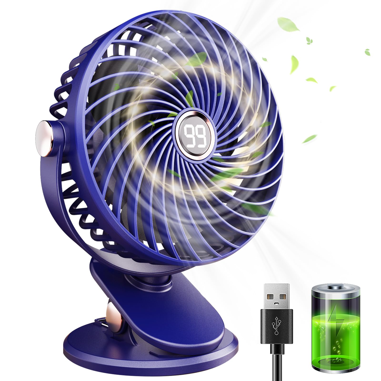 Ventilateur de bureau USB rechargeable 6000mAh avec pince et écran LCD 5 vitesses - 4