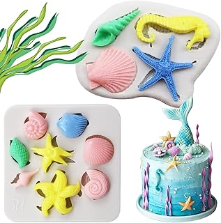 Marine Fondant Molds,Silicone Chocolate Molds with Starfish, Sea Shells, Conch, Seahorse Shape,Baking Candy Molds for Cake...
