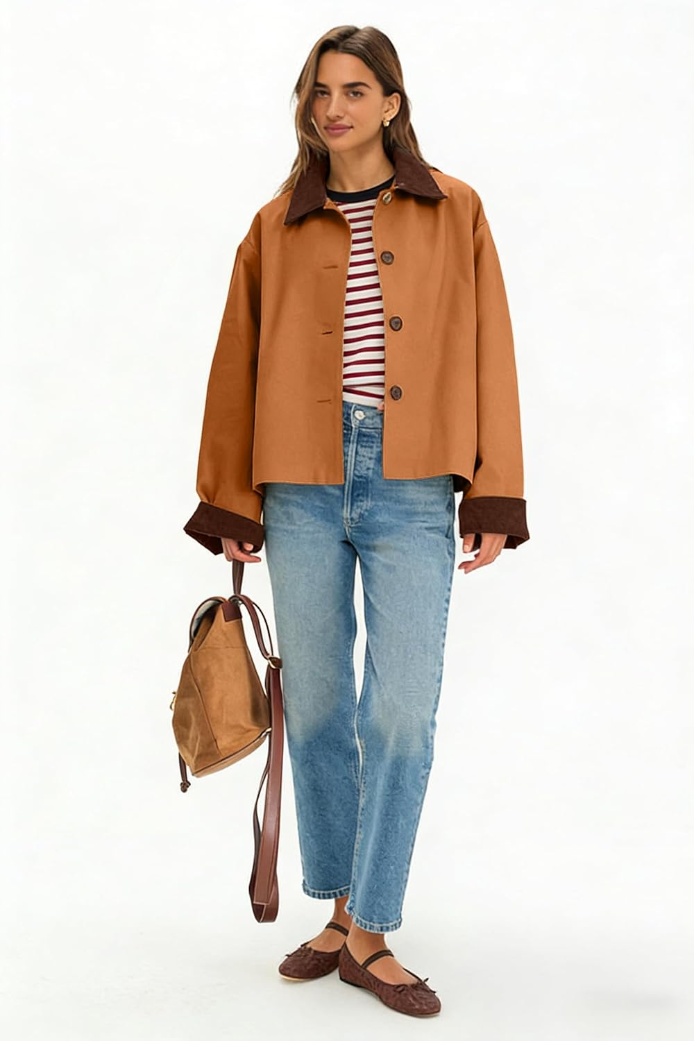 Lviefent Womens Contrast Collar Jacket Casual Button Down Long Sleeves Crop Trench Coat Outerwear with Pockets