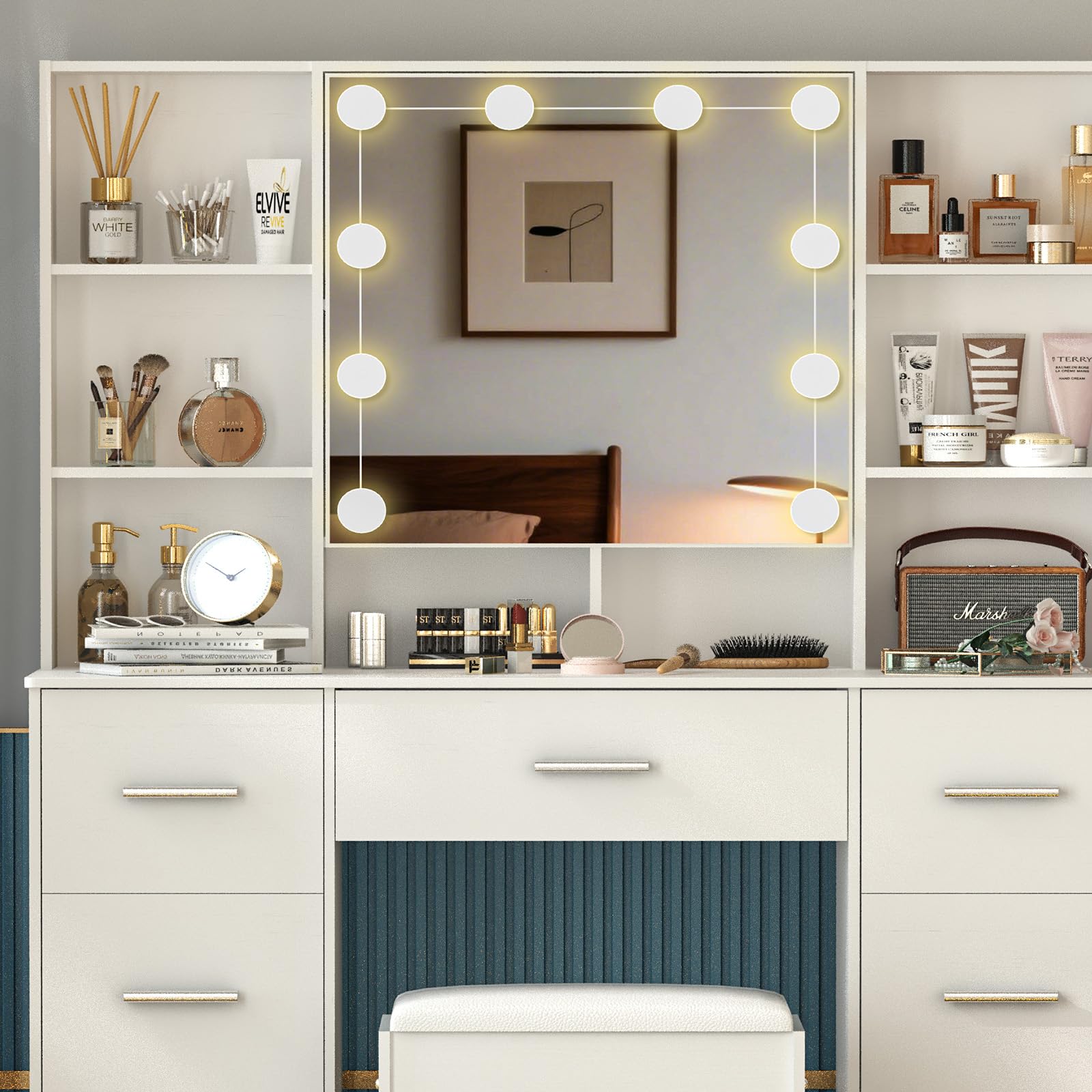 Toaletka z lustrem, toaletka z oświetleniem LED, biurko Vanity do makijażu, 3 kolory z regulacją jasności – 52