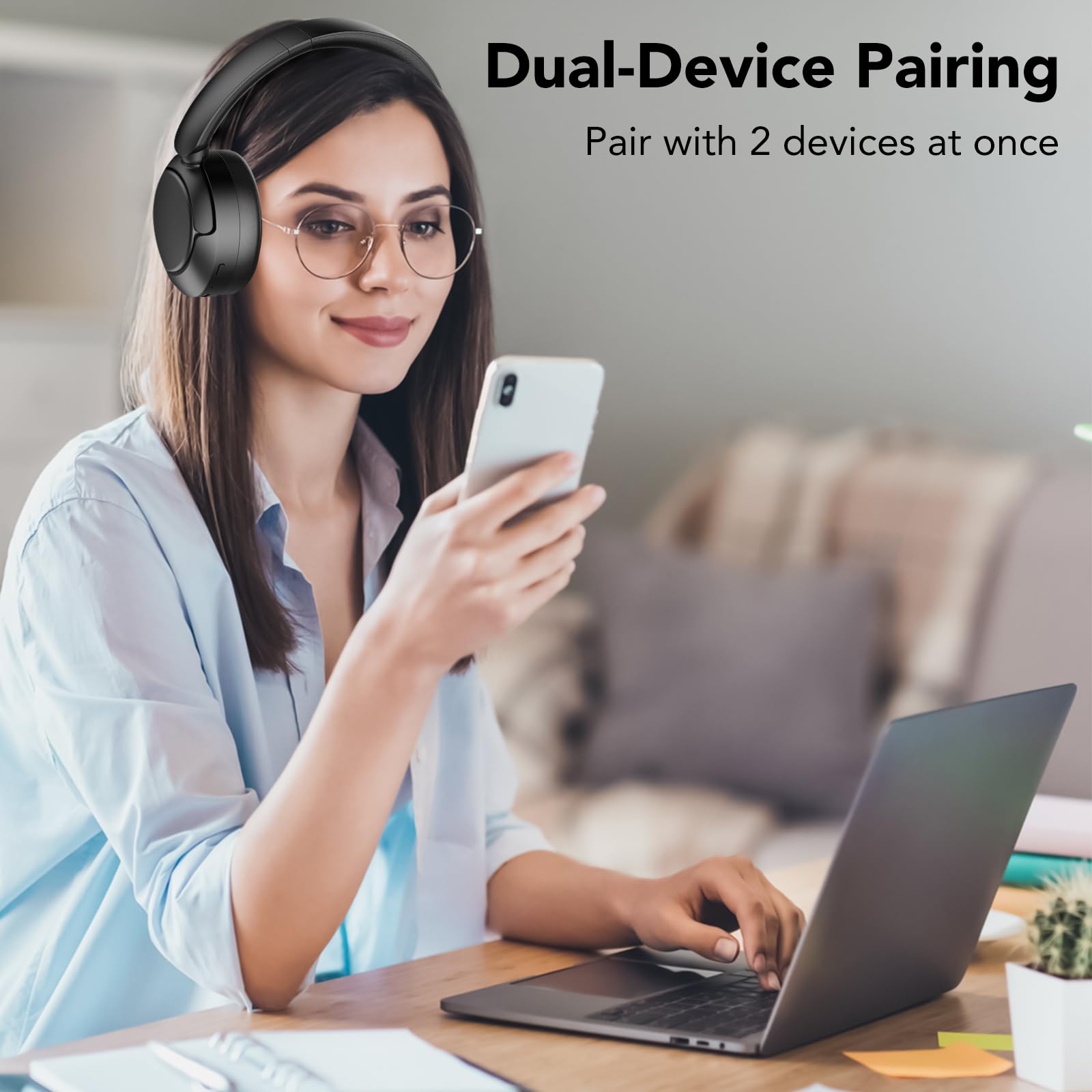 Auriculares Inalámbricos Bluetooth 5.4, Asistente Vocal,3 EQ Modos, Ruido Activa Híbrida, Auriculares Inalámbricos Diadema Estéreo HiFi con Micrófono,120 horas de reproducción con iOS y Android,Negro