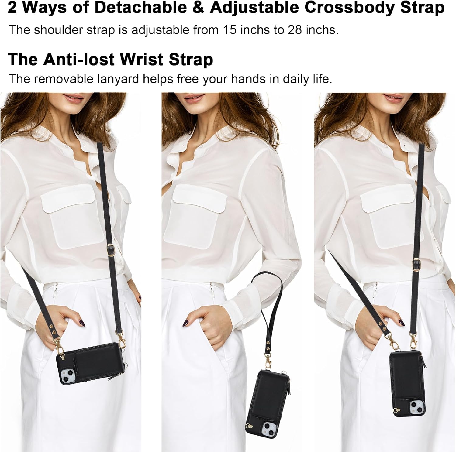 KIHUWEY Crossbody Wallet Case for iPhone 13 iPhone 14, Zipper Pocket Case with Card Holder, PU Leather RFID Blocking Protective Cover Case with Kickstand Detachable Wrist Strap Lanyard 6.1" (Black) - Image 2