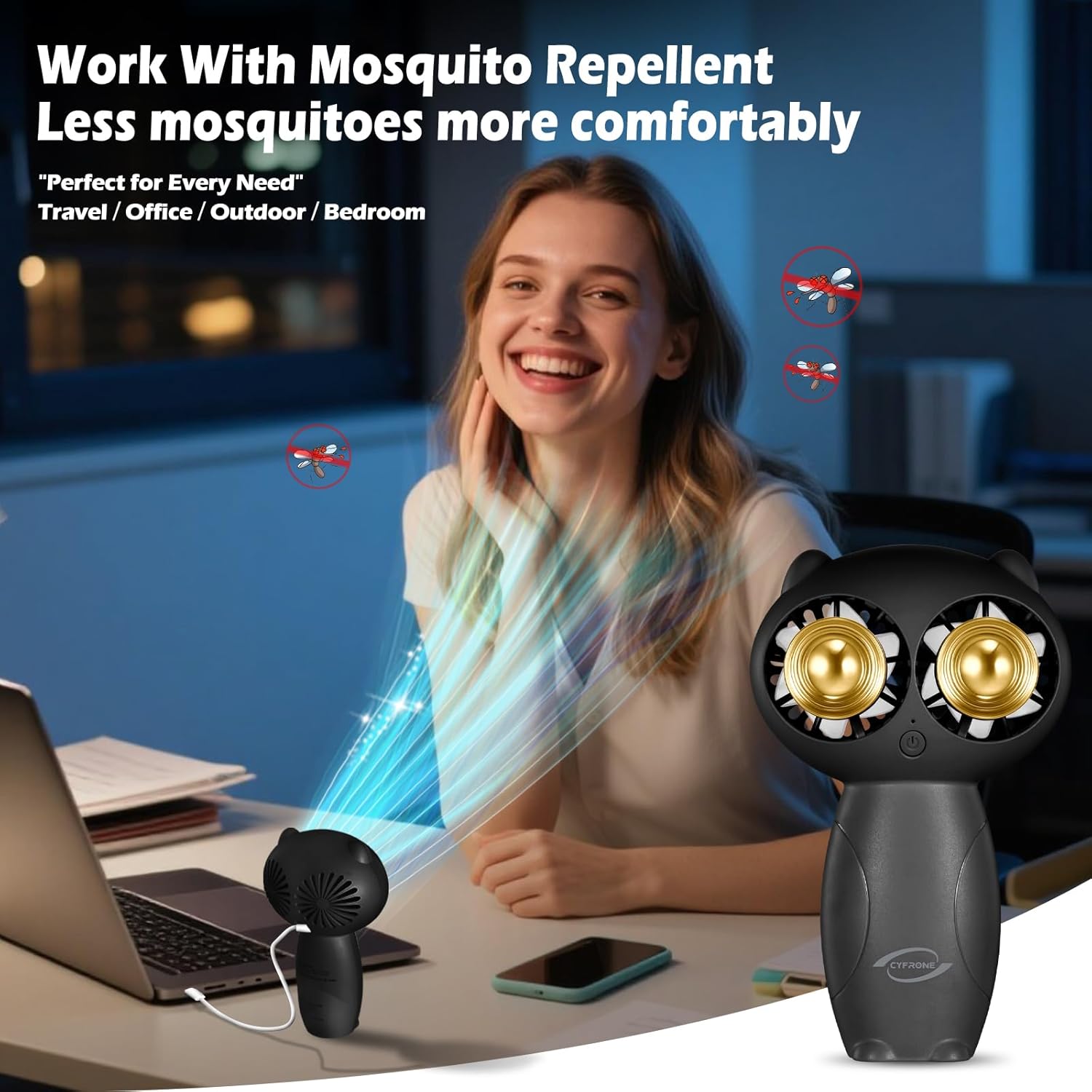 Portable Aroma Handheld Fan - Rechargeable 6000mAh Battery USB-C Owl Shaped with Clip Mini Personal Turbo Travel Essentials (Black)