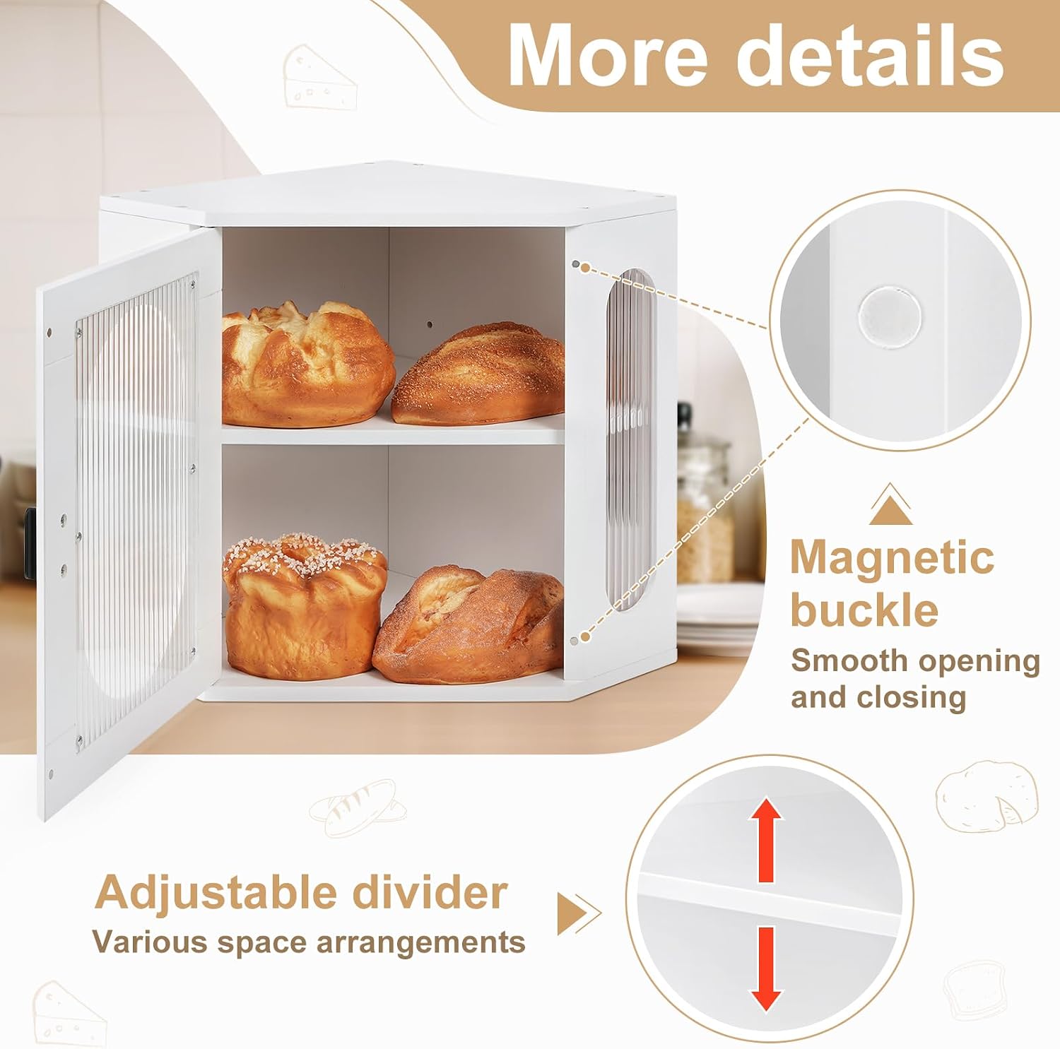 Sunhoo Bread Box for Kitchen Countertop Corner Bread Storage Wooden Breadbox Container 2 Layer Bread Holder Keeper Large Farmhouse Bread Bin Shelf for Homemade Pantry Vintage Acrylic Window (White) image 2
