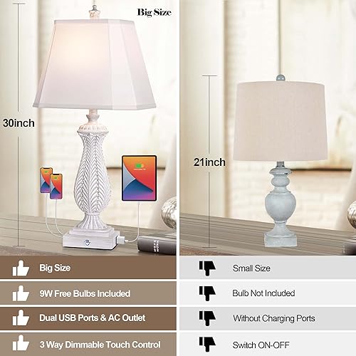 Miniatura 4 de Juego de 2 lámparas de mesa regulables de 3 vías para dormitorio, lámparas táctiles de 30 pulgadas de alto para sala de estar con 2 puertos USB y