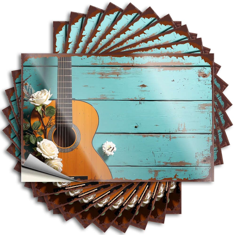 Sticker Beauty Room Decor | Funky Tumbler Acoustic Guitar with White Roses On Rustic Wooden Background. for Alcohol(8X12CM)