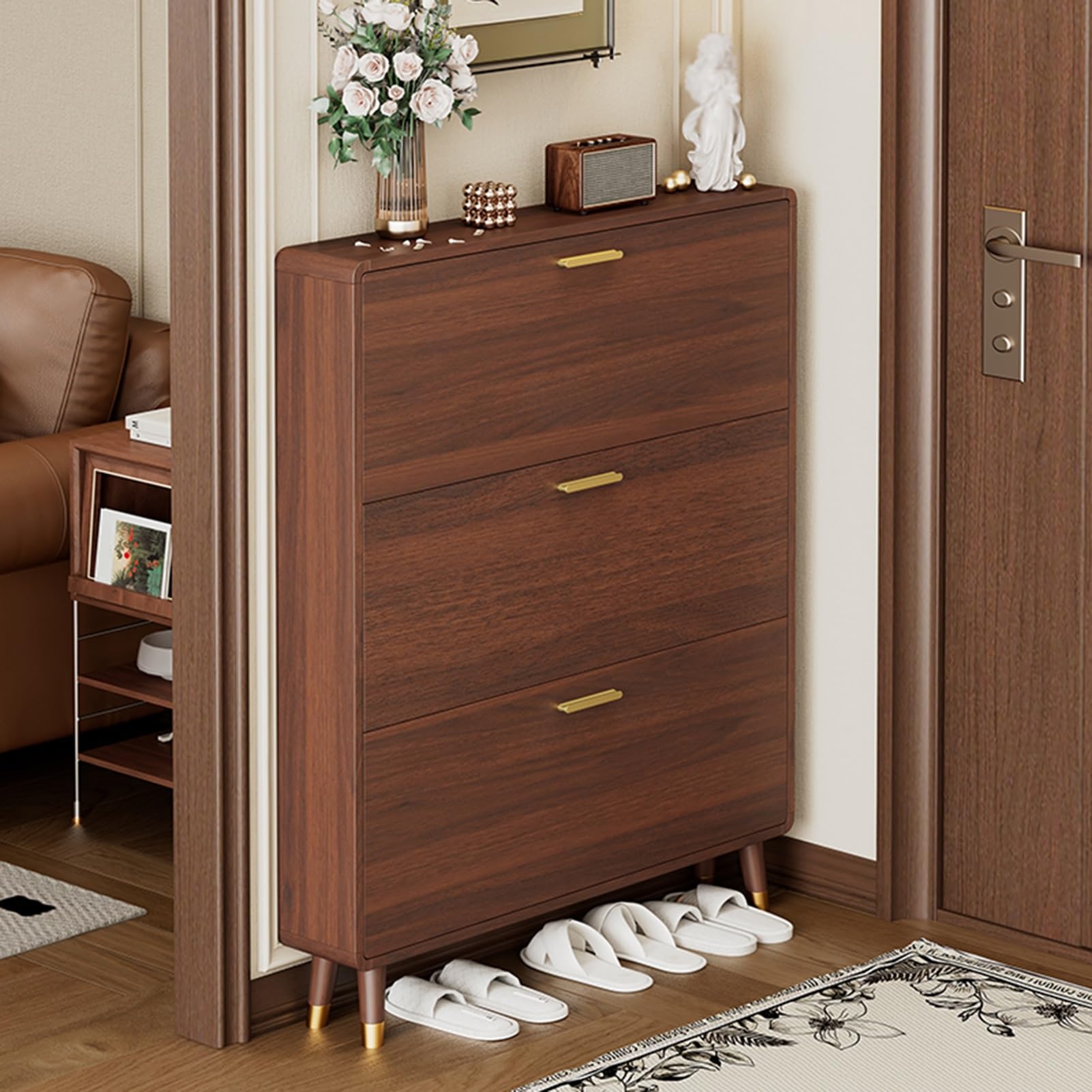 Zigtuei Brown Shoe Storage Cabinet With 3 Flip Drawers, Farmhouse Shoe Organizer, Narrow Shoe Rack, Narrow Shoe Organizer Rack For Entryway,Front Door,Foyer,Hallway(,60X24cm/23.6X9.4in)