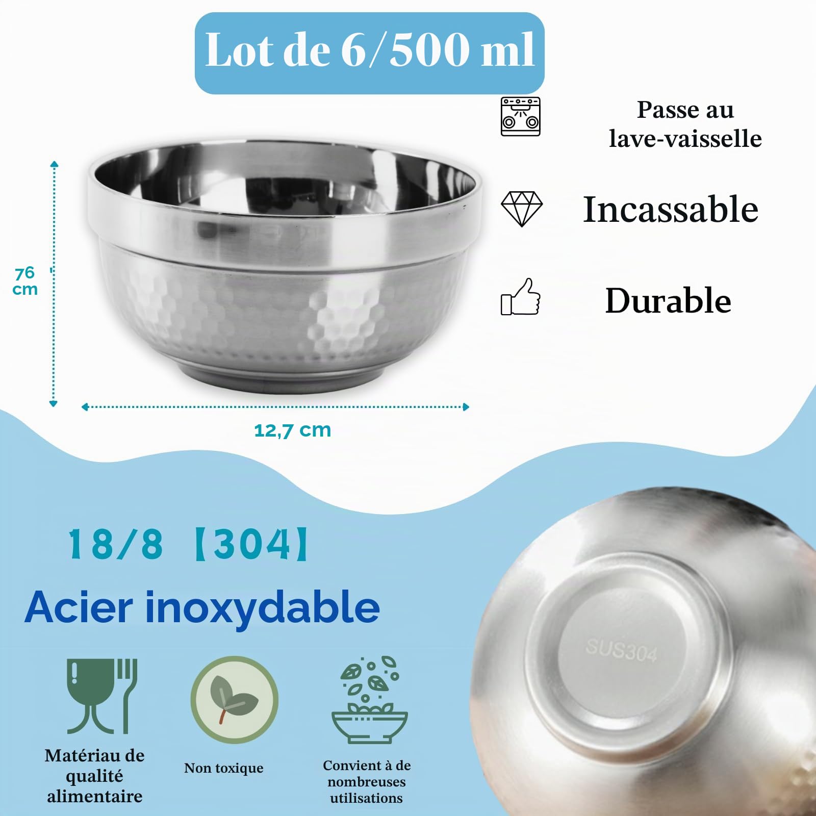 ZENFUN Lot de 6 bols en acier inoxydable 18/8 de 500 ml, bols à soupe isothermes à double paroi, bol à céréales de 12,7 cm pour riz, fruits, salade, crème glacée, qualité alimentaire