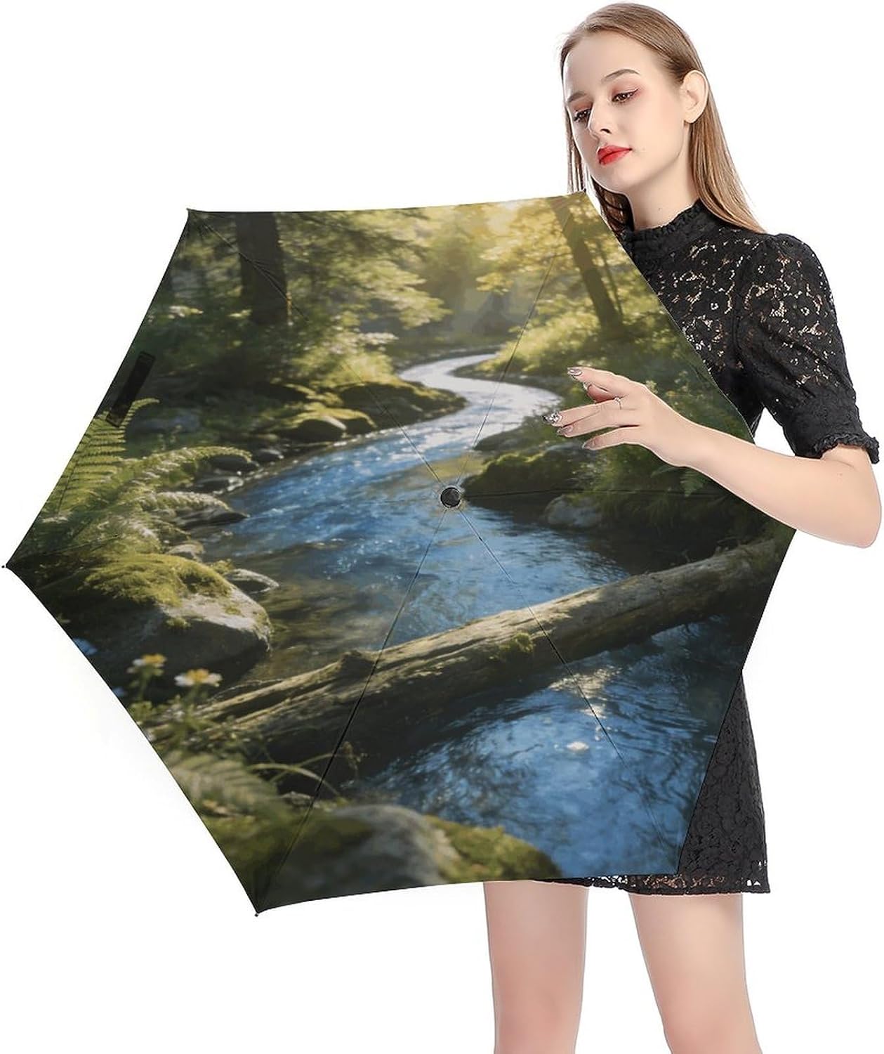 Creek And Forest Printed Exterior 5 Fold Umbrella,Windproof Travel Umbrella for Sun Protection, Small Portable,Compact Umbrellas for Travel, Purse Or Backpack