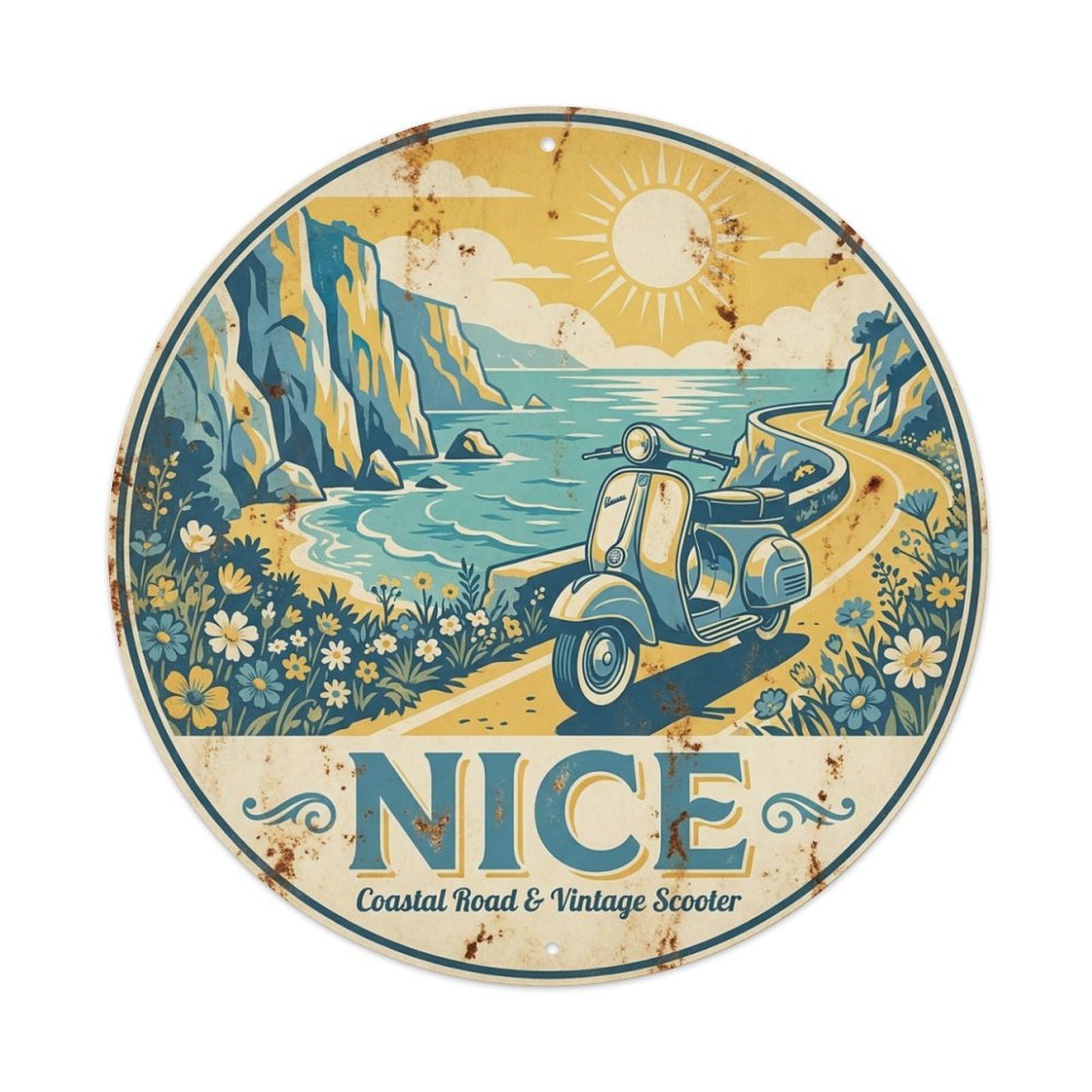 Olhnbad Style Coastal Route Nice Road Scooter Travel Retro Metal Tin Sign