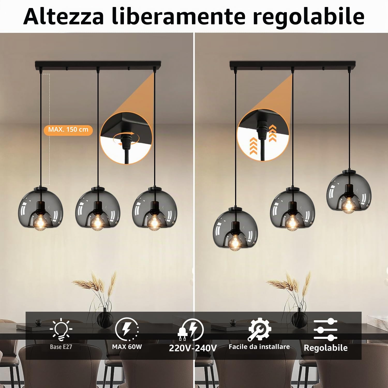 Lampada a Sospensione in Vetro Vintage, 3 luci Lampadario da Soffitto Cucina E27, Paralume Vetro Trasparente Nero, Bianco Caldo 3000K Altezza Regolabile per Camera da Letto, Sala Da Pranzo, Kitchen