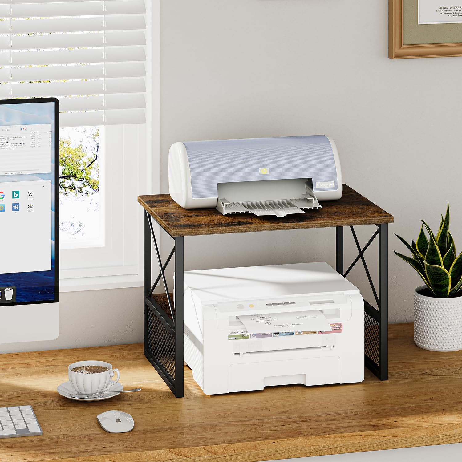 Soporte de impresora para escritorio, soporte de impresora de escritorio, organizador para oficina en casa, para encima y debajo del escritorio, escáner de fotocopiadora de máquina de fax, 2