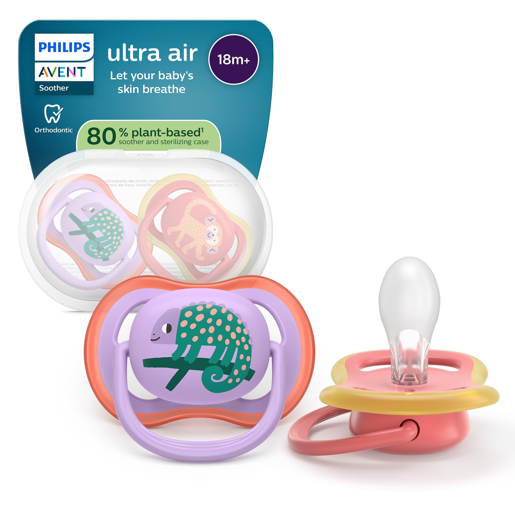 Philips Avent Ultra Air Soothers - Orthodontic Design, for Babies 18 Months+, Soft Silicone Symmetrical Teat, BPA-Free, with Sterilizing Case, 2 Pack, SCF349/47