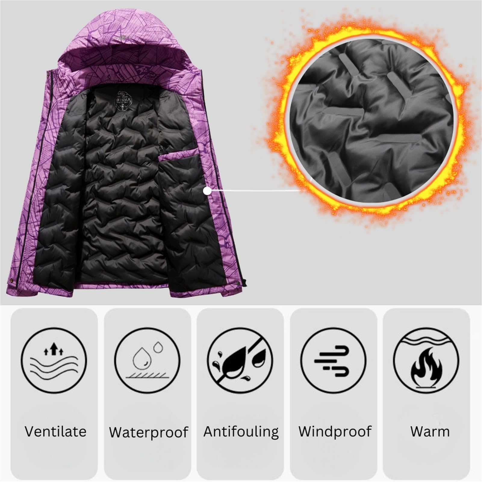 SotRong Vestes imperméables d'extérieur pour femme, manteaux de ski en polaire chaude avec capuche, coupe-vent, alpinisme, escalade, randonnée (violet, taille L), a-violet, L