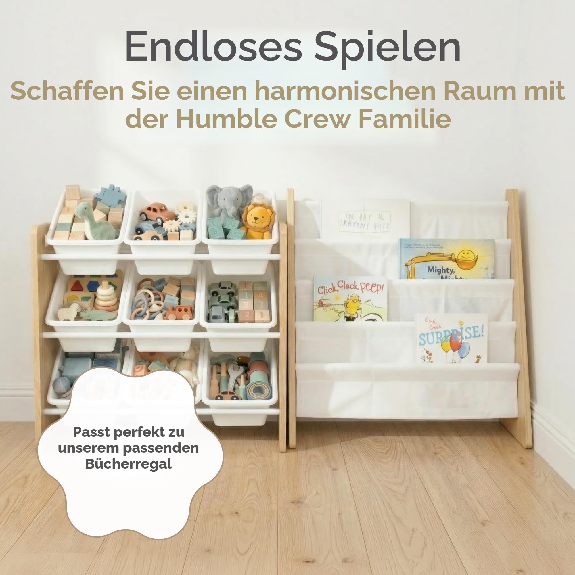 Humble Crew stilvolles Kinderregal aus Holz, Natur/Weiß! 9 Boxen für Spielzeug, ideal für Kinderzimmer. Ordnung mit Charme schaffen