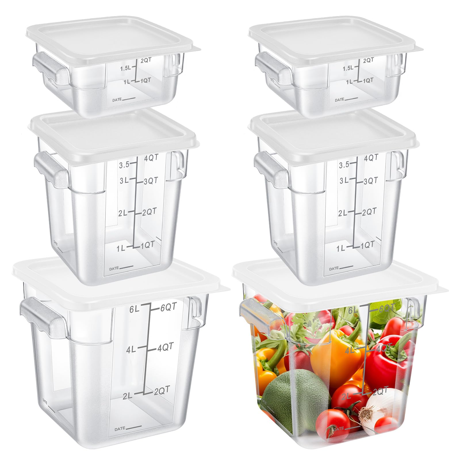 Suclain Juego de 6 recipientes de almacenamiento de alimentos con tapas, 2 cuartos de galón, 4 cuartos de galón, 6 cuartos de galón, recipiente comercial transparente con asas de báscula para el