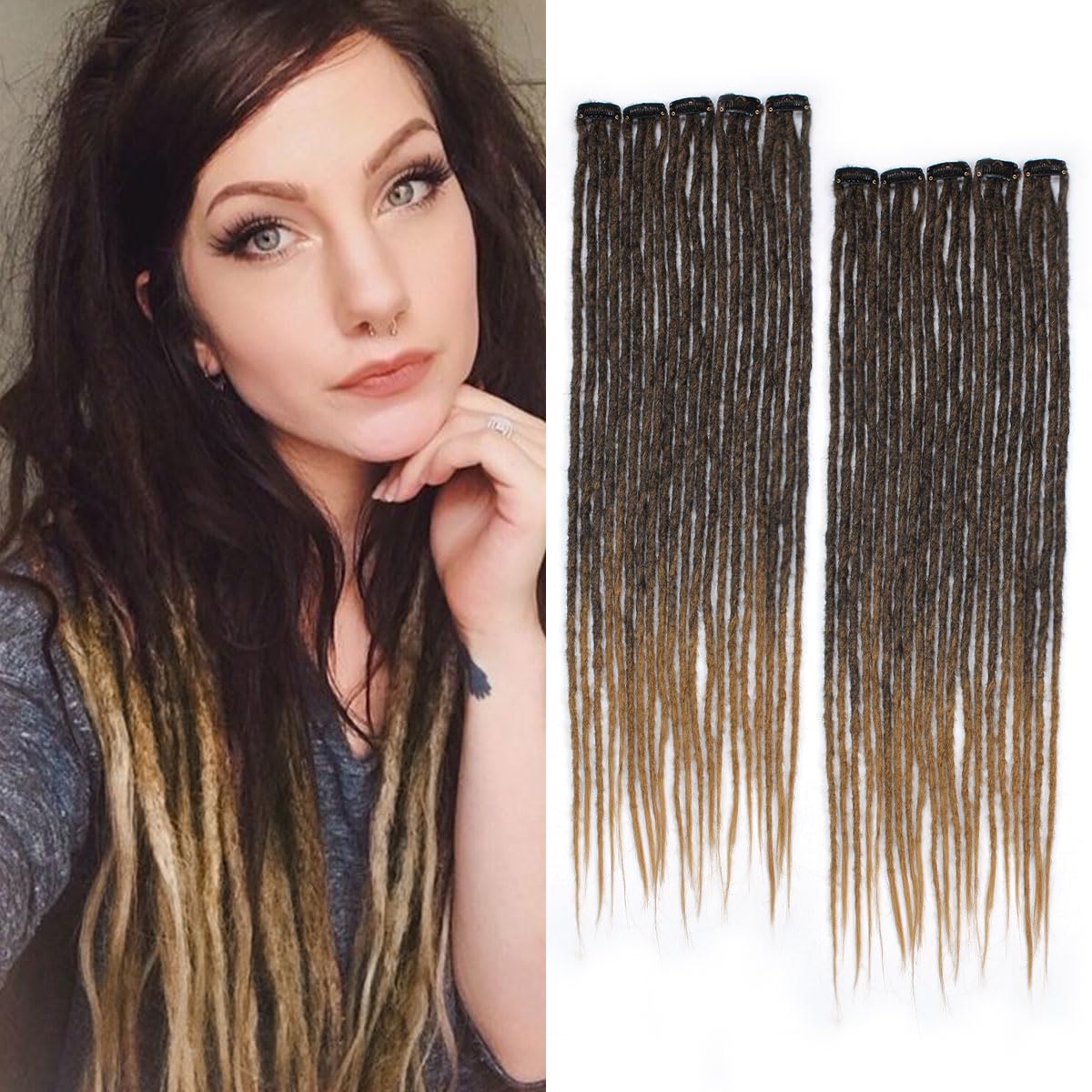 24 Inch Clip in Dreadlock Hair Extensions 10Clips 40 Strands Synthetic Handmade Soft Clip In Dreads Extensions for Women,1B/27