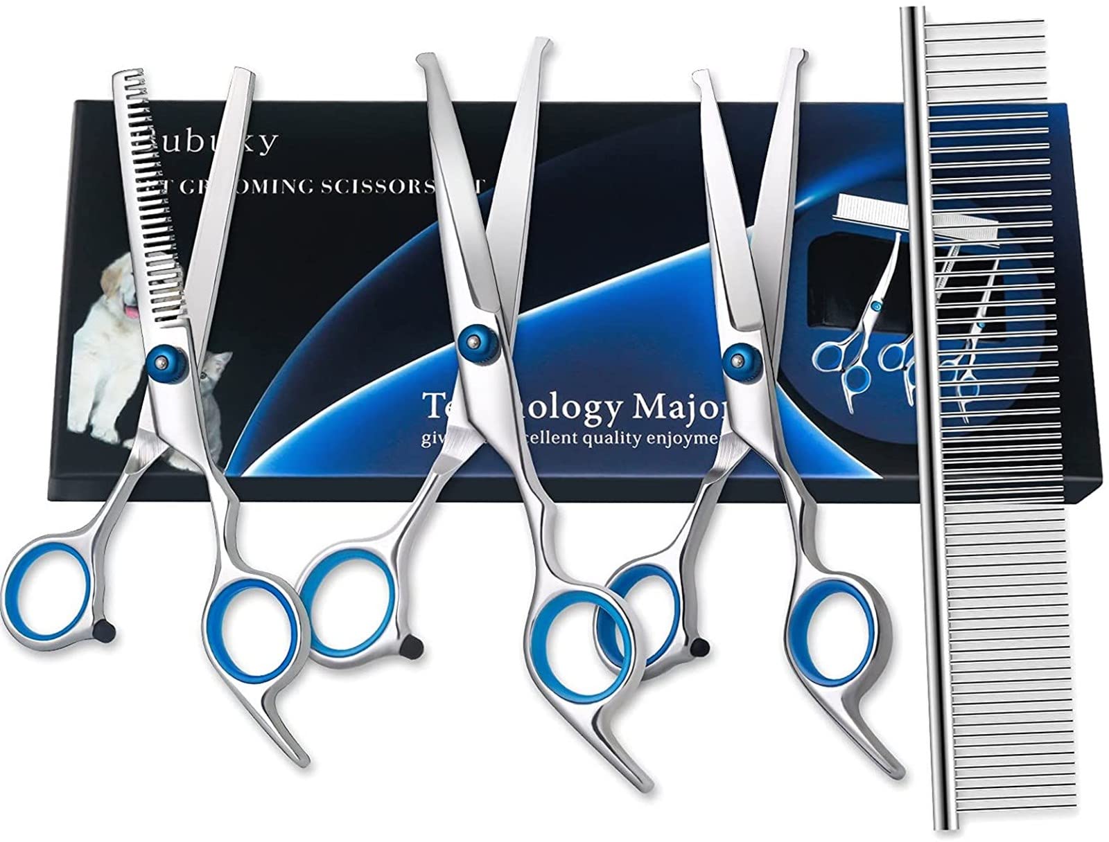 BubuxyDog Grooming Scissors, Cat Grooming Scissors, Pet Grooming Scissor with Safety Round Tip, Stainless Steel Dog Cat Grooming Shears (Scissors Set 4 Pieces)
