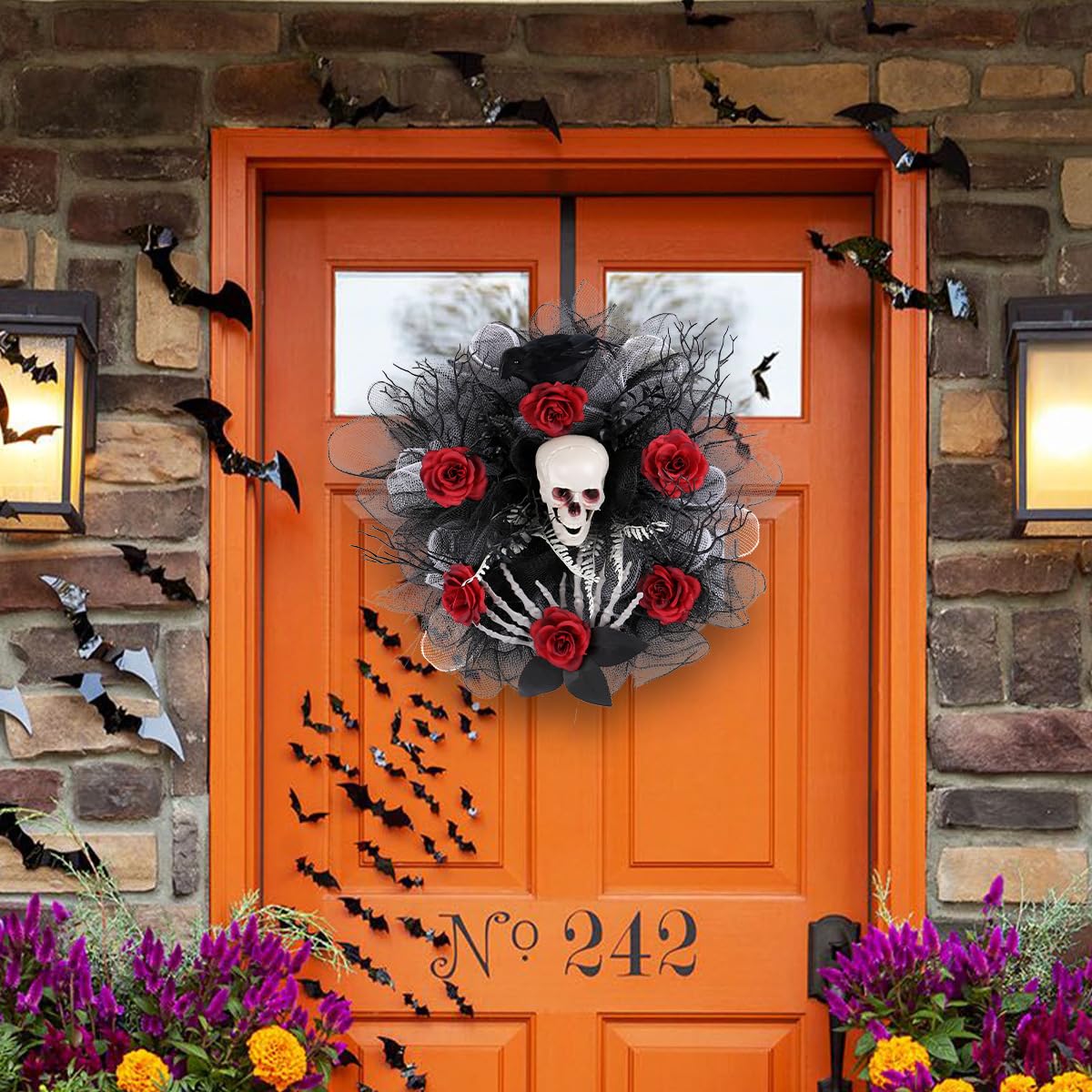 lqzb Halloween Garland with Red Roses, Skulls&Spider Webs for Spooky Haunted House&Bar